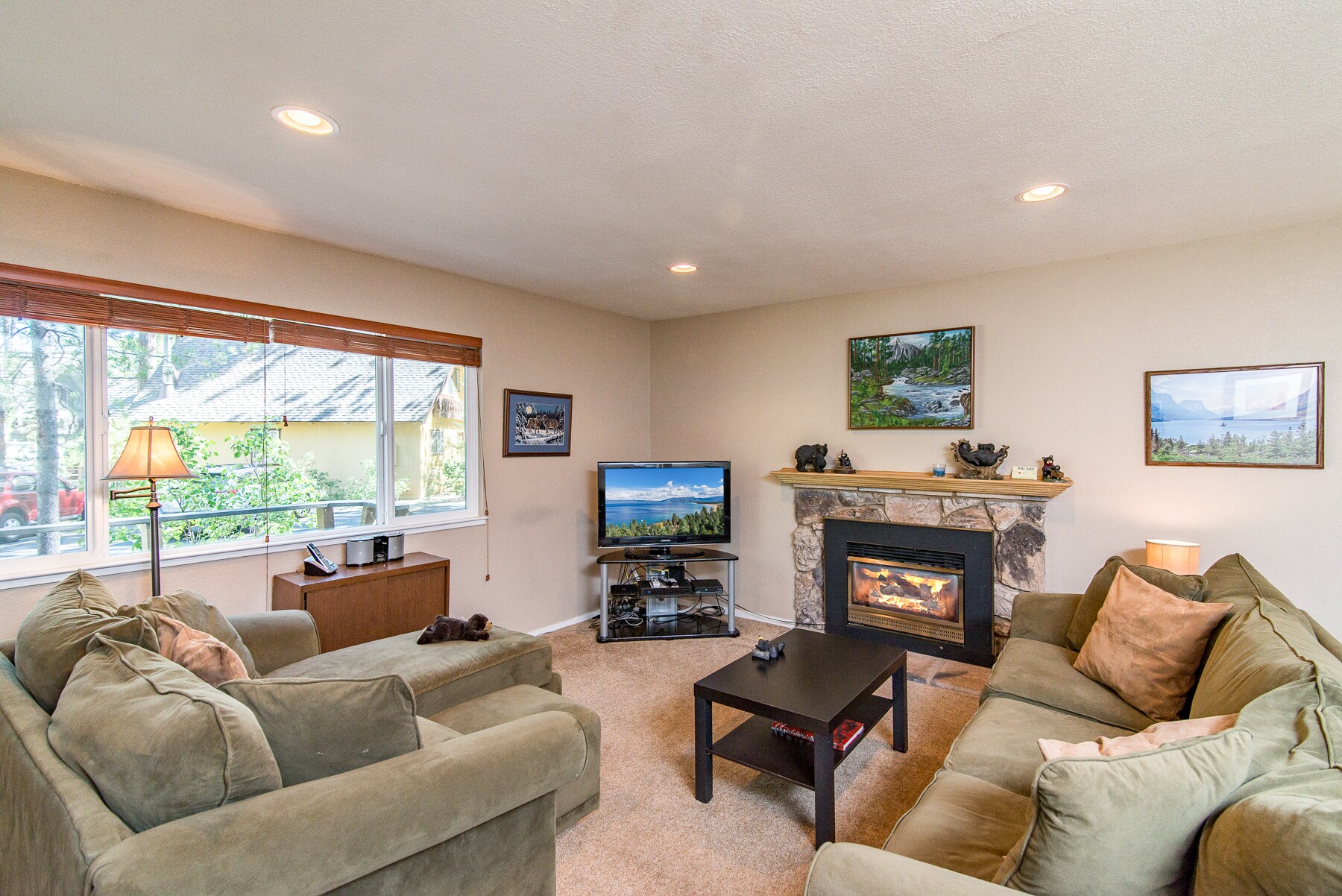 Welcome to Lake Tahoe! Get a fire going in the ultra-comfy and open living area.