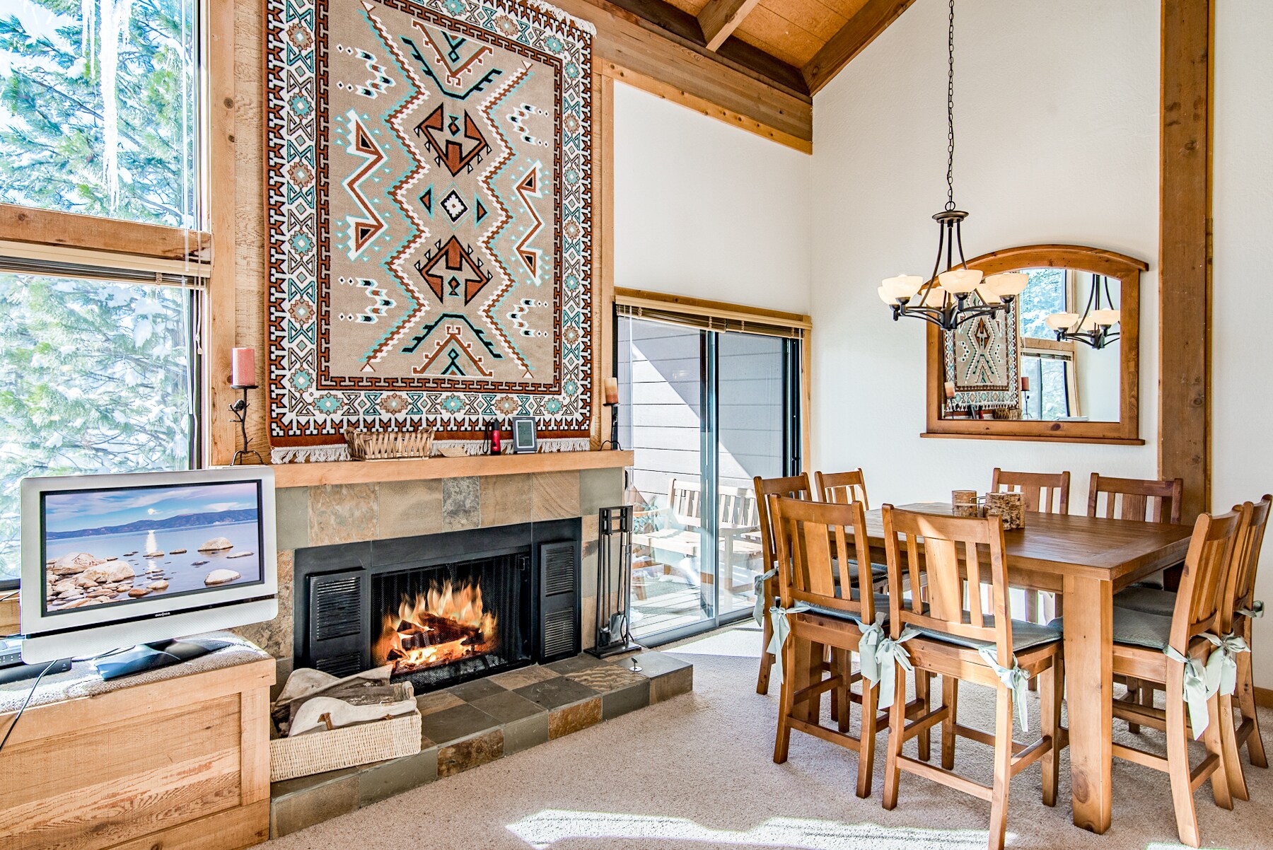 Enjoy a bite to eat next to the flickering fireplace.