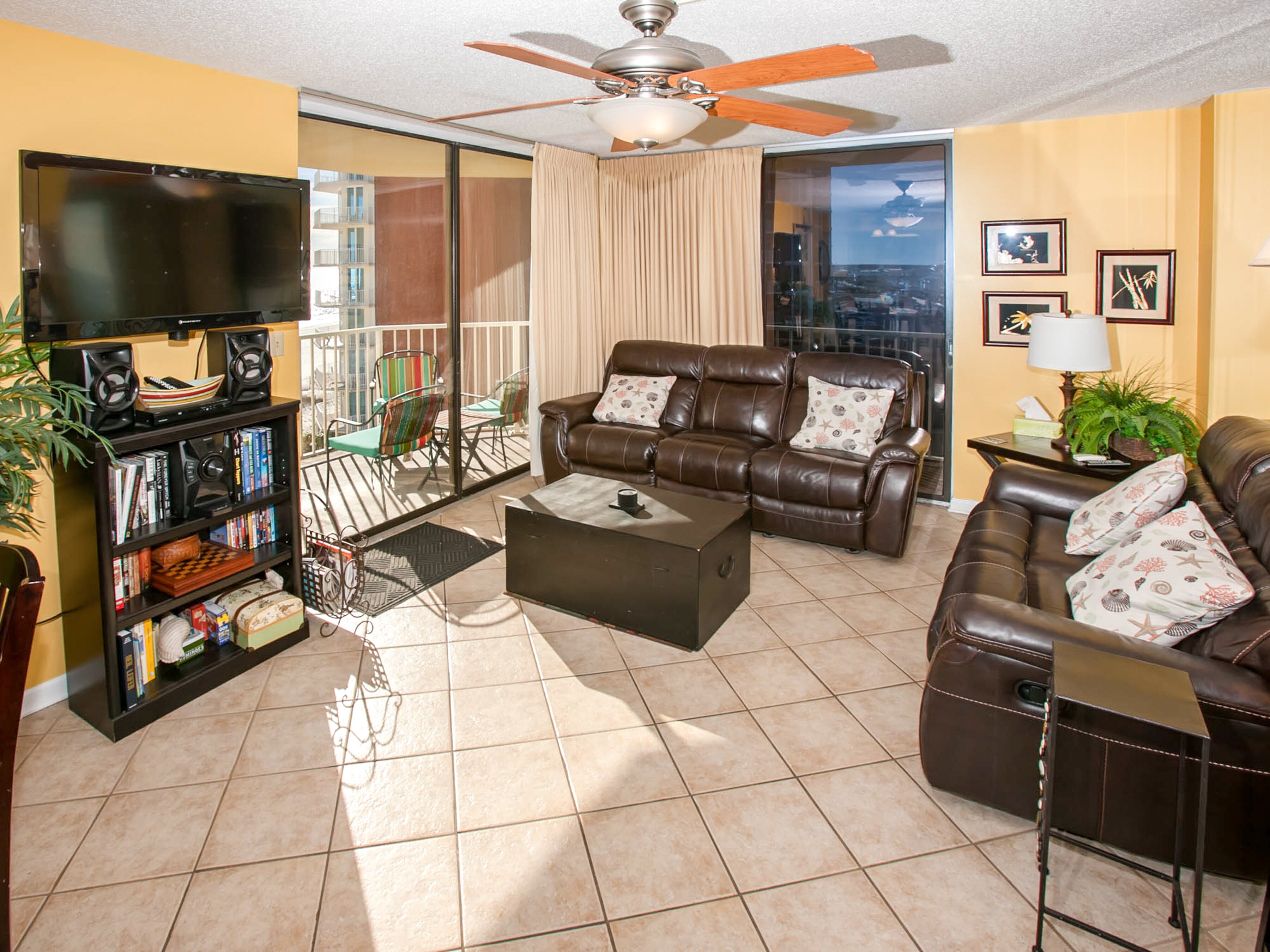 In the main living area, enjoy the 40" flat screen TV with a DVD player. Complimentary Wi-Fi provided.
