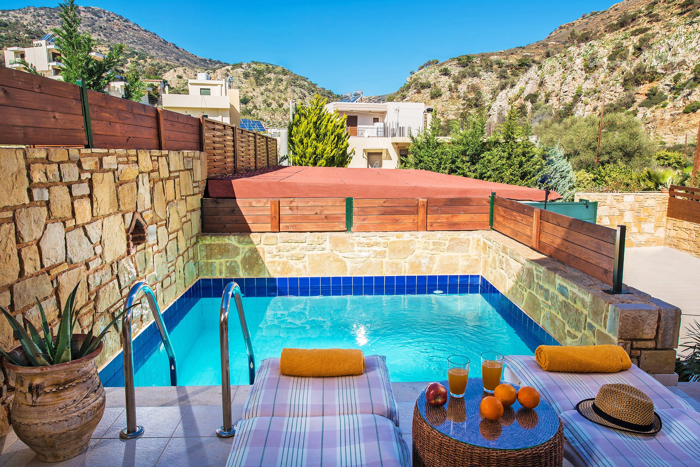 Swimming pool area of the villas complex in Paleokastro, Heraklion, Crete