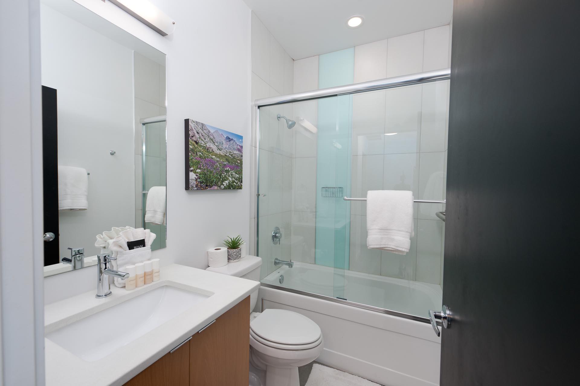 Bathroom with shower and tub.