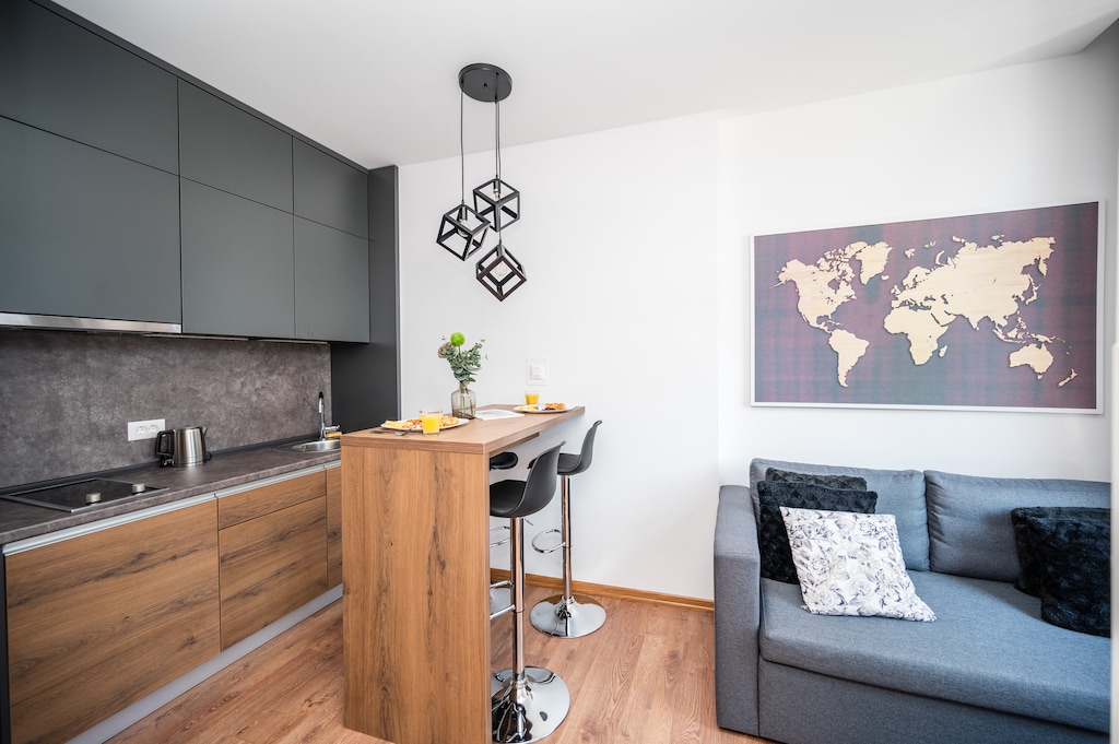 The bright living room area
