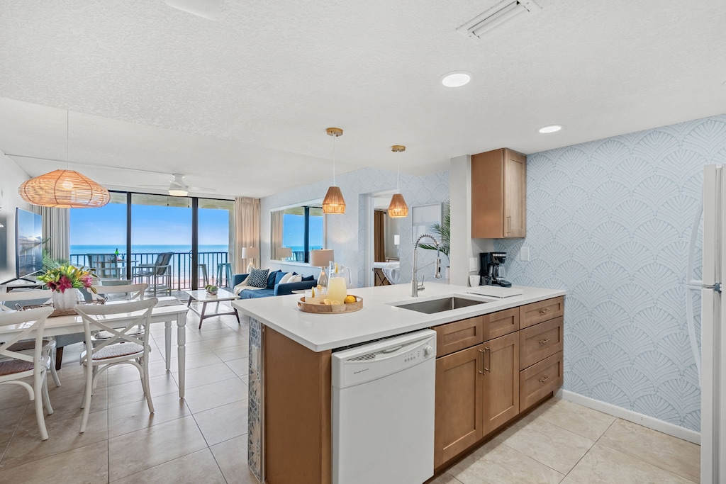 Kitchen seamlessly flows into living room