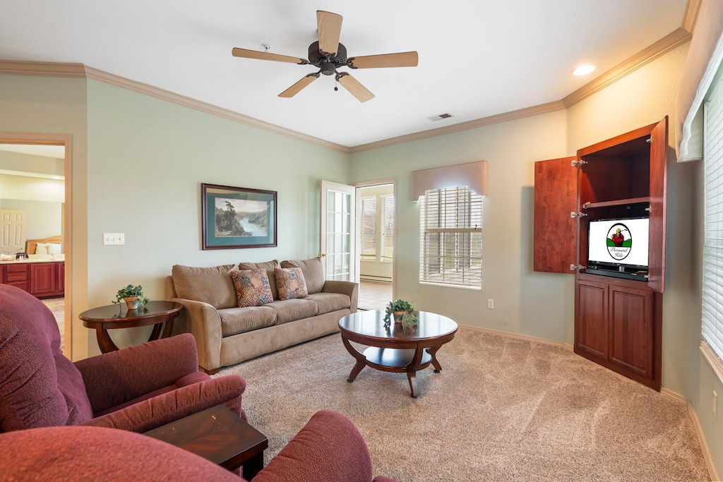 Living Room with Cable TV/DVD, Sunroom Access, Course View