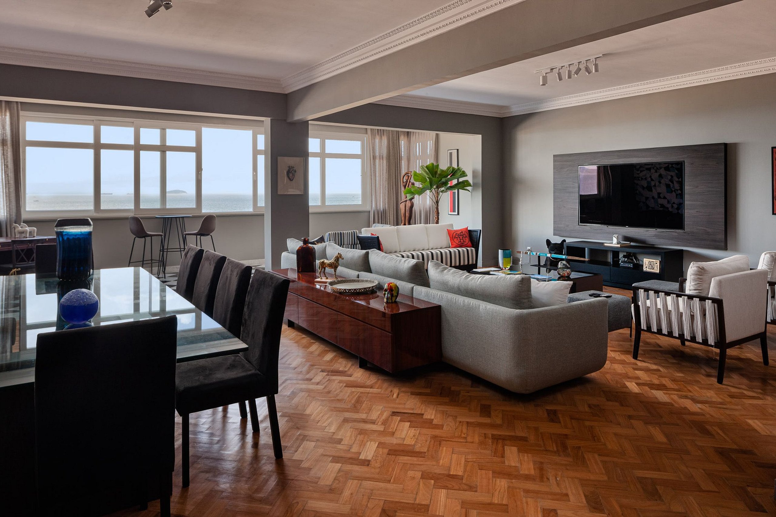 Contemporary Apartment with Mosaic Wood Floor
