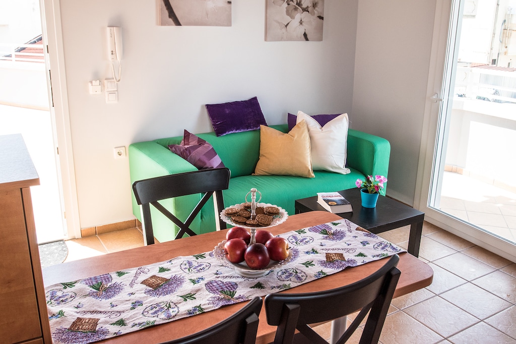 The living area and dining table