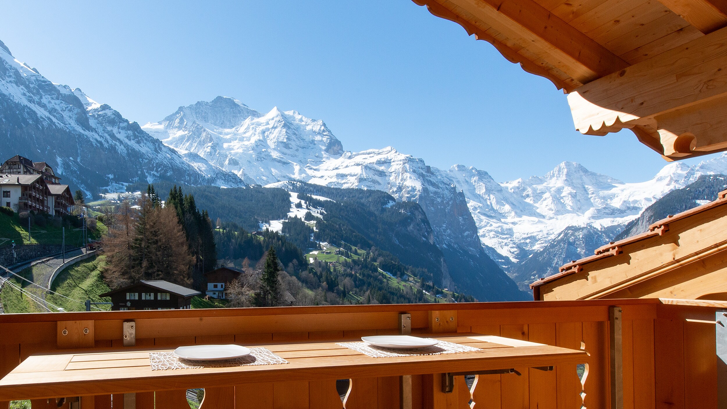 South balcony of our Chalet Aberot Penthouse in Wengen. Beautiful views from this holiday home.