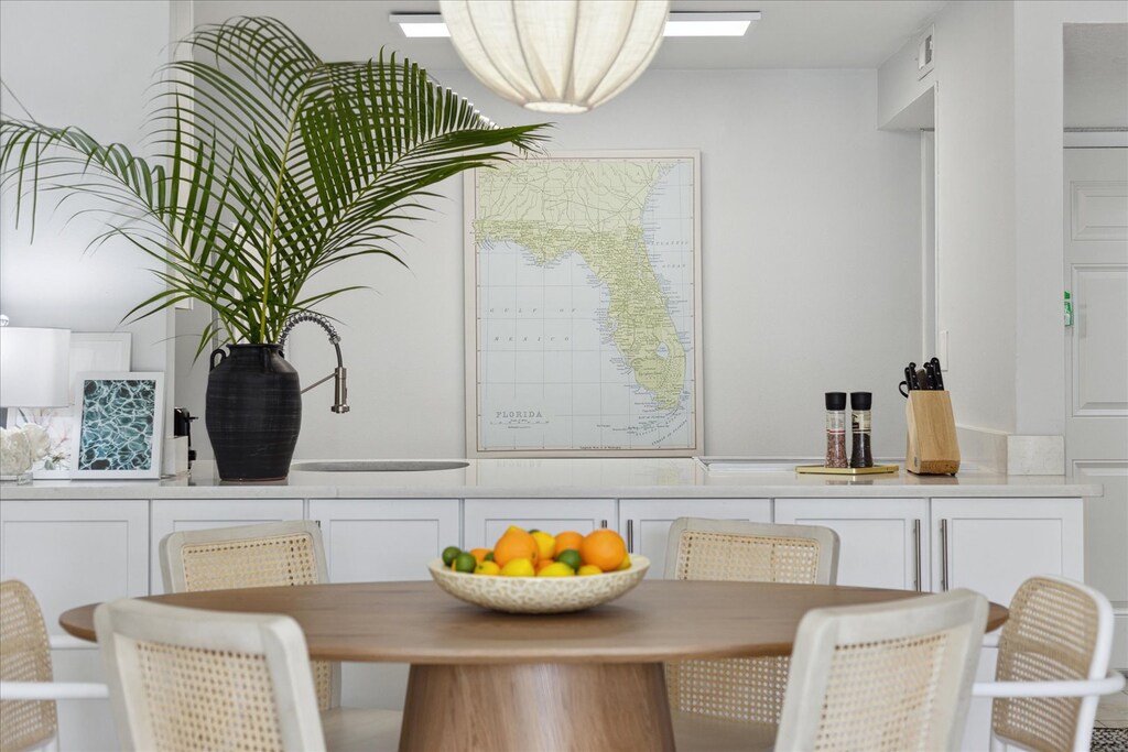 Modern dining area with coastal décor