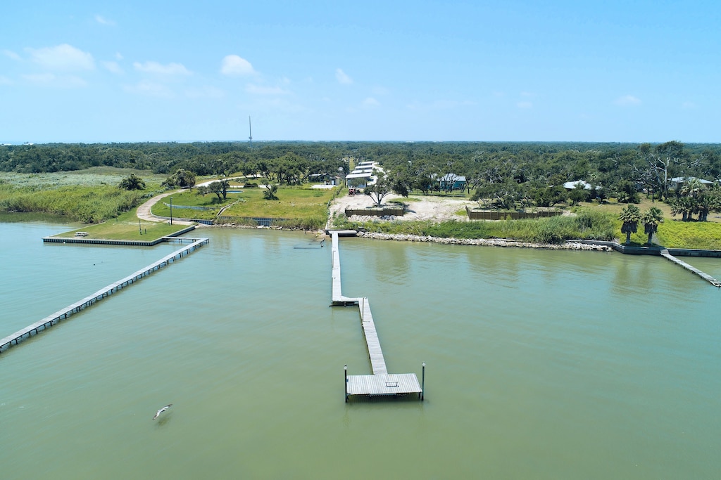 Ariel view of private pier. 
