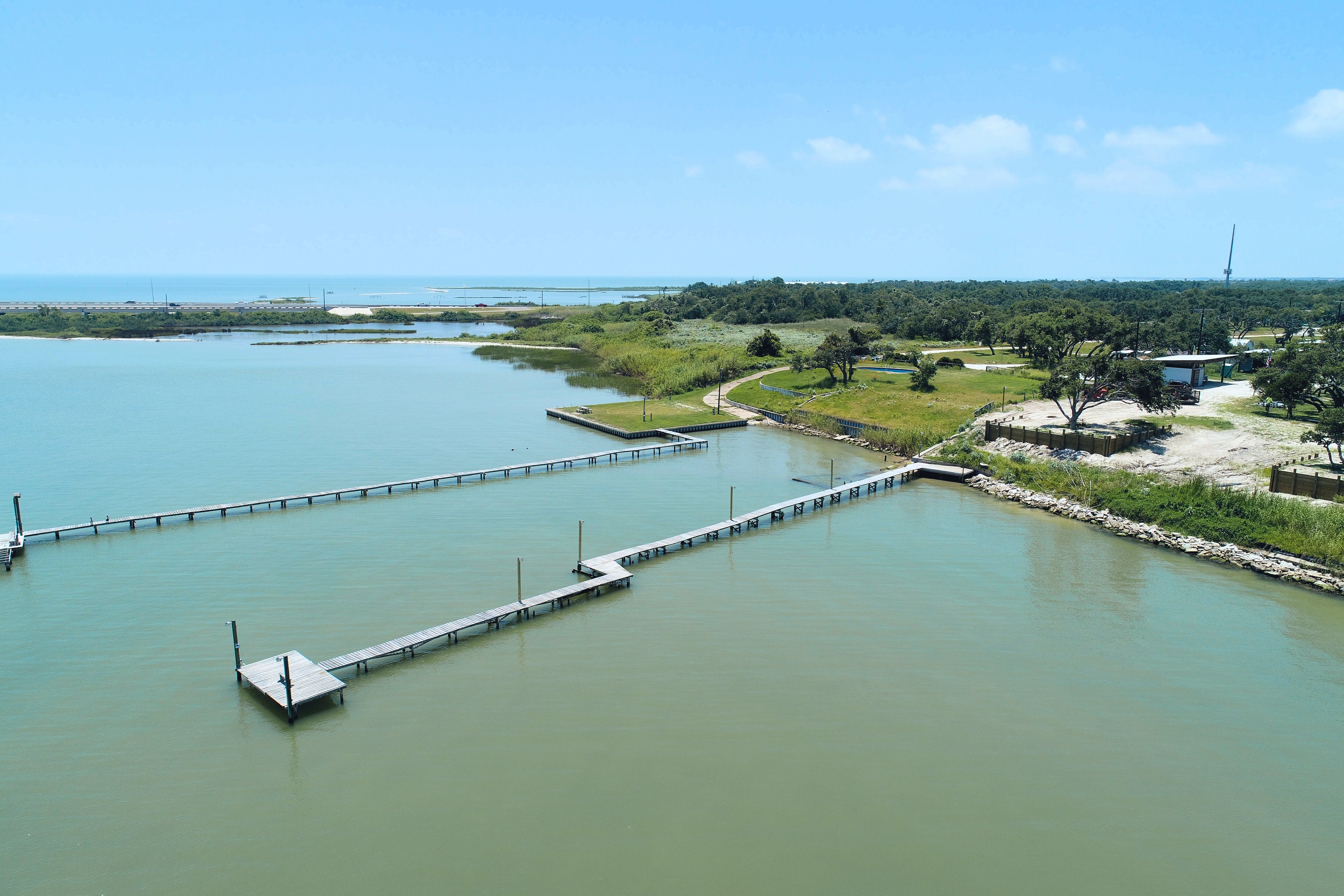 View of pier and Copano Bay. 