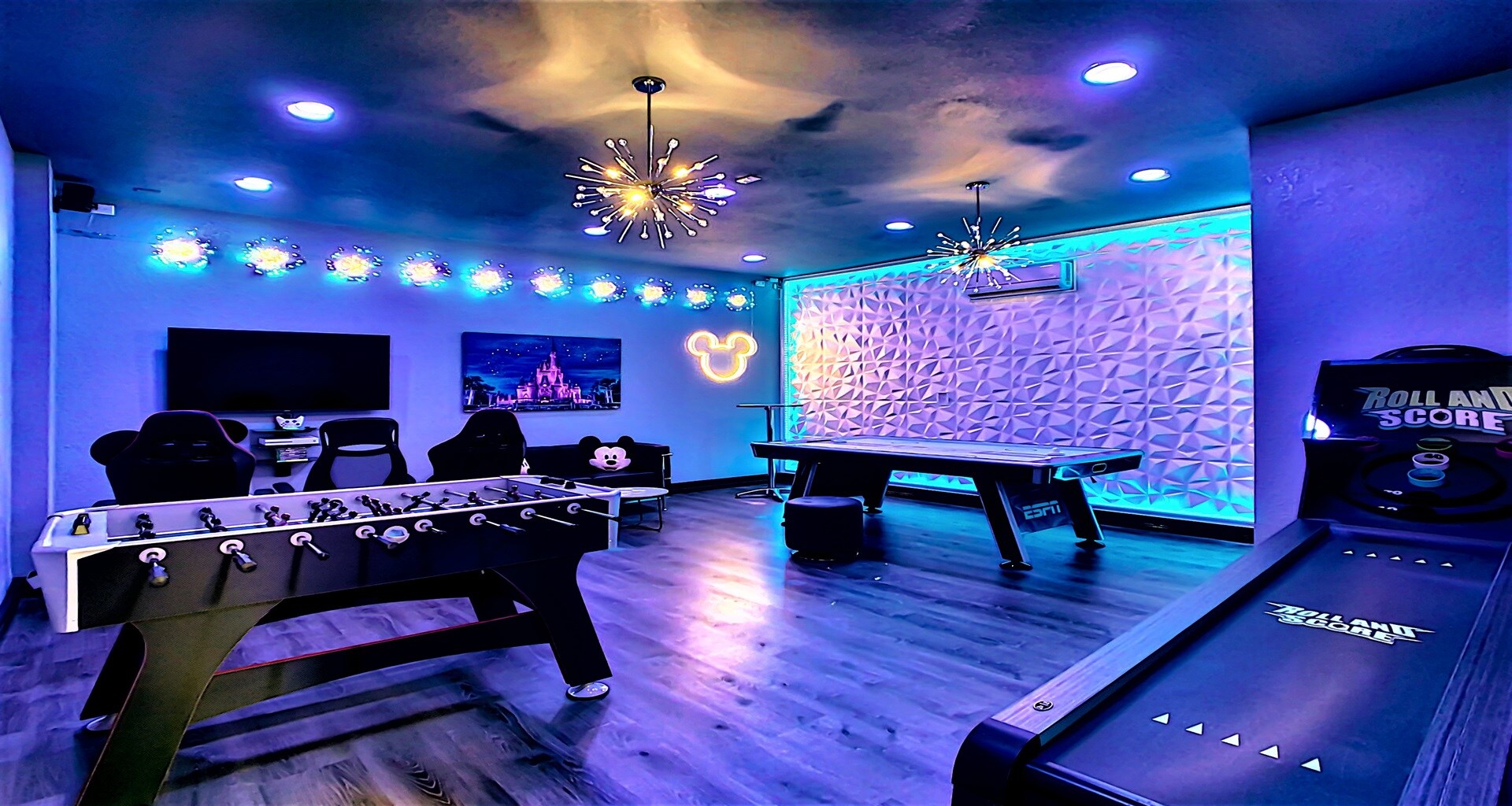 The game room is stylishly furnished with theme and cool lights