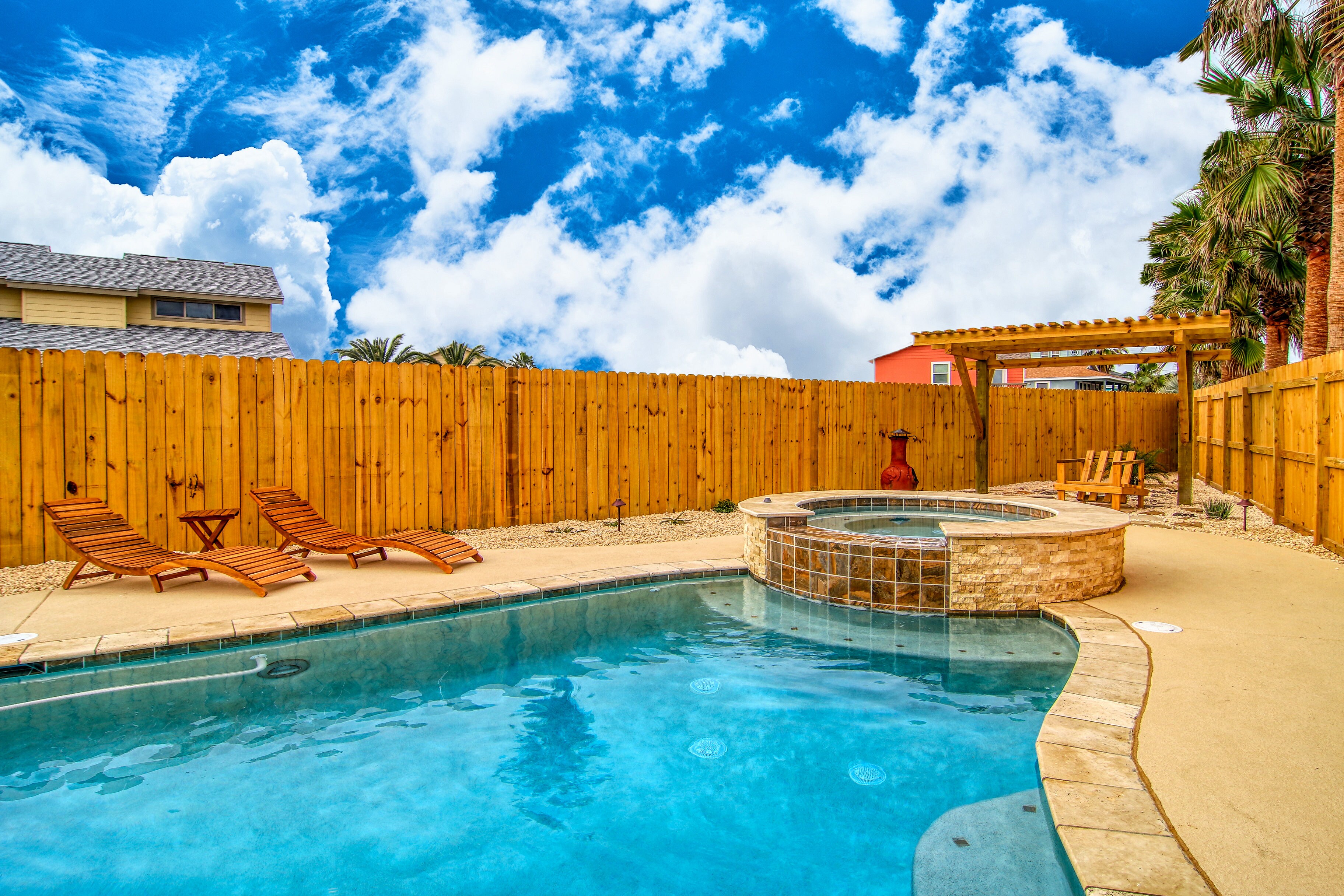 Private swimming pool and hot tub. Private lighted swimming pool.