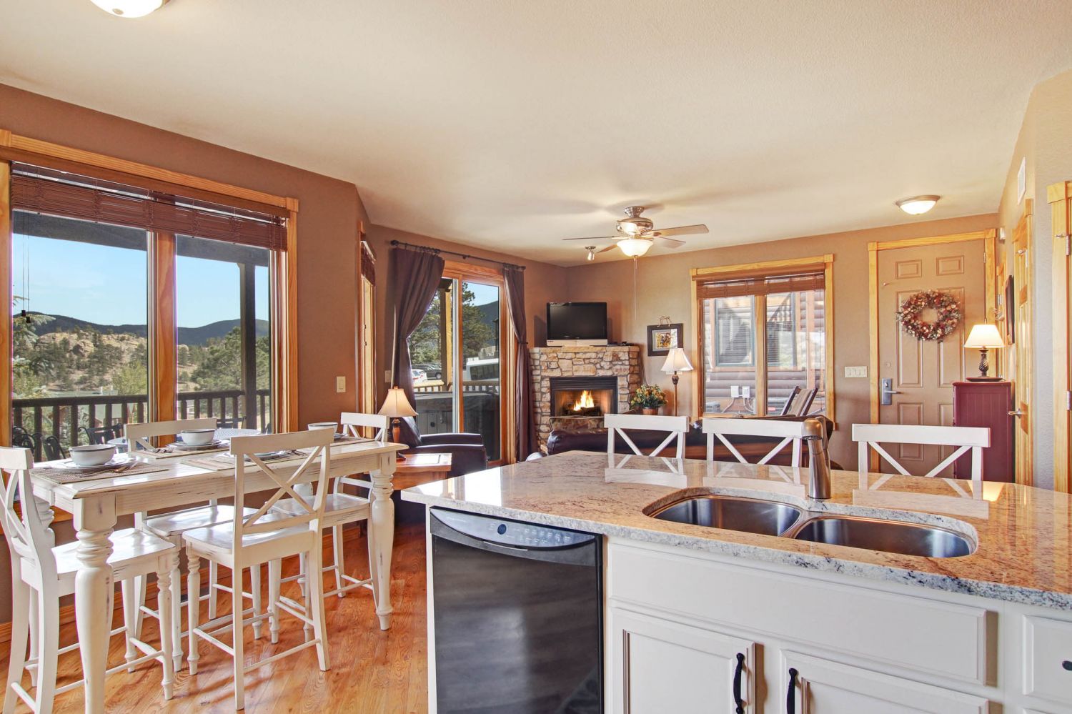 Sheep Mountain 20B - Open kitchen with seating for 4 at the dining table or the breakfast bar seats 3, all while enjoyed those amazing views