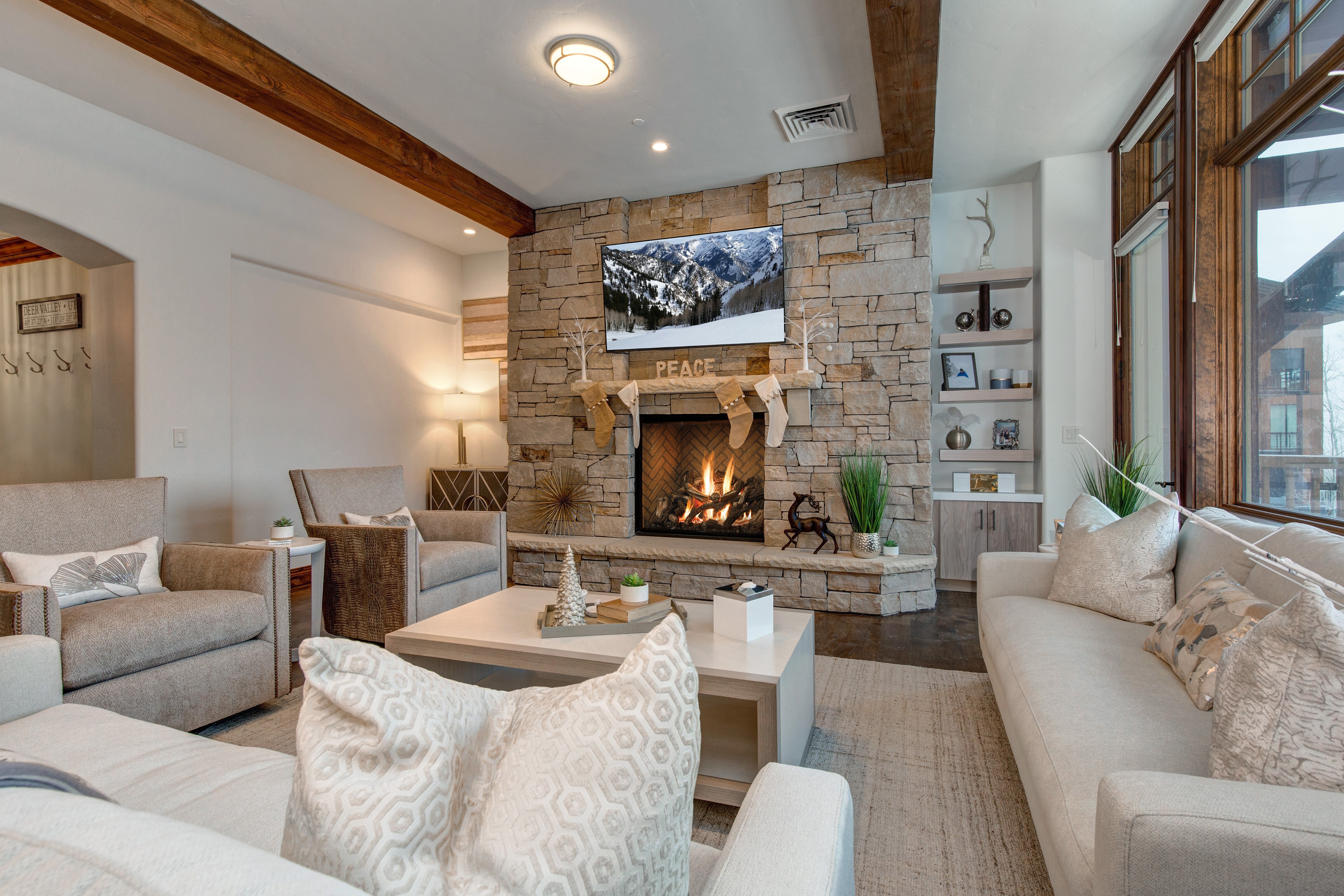 Living Room with New Contemporary Furnishings, Gas Fireplace, Smart TV and Deer Valley Views