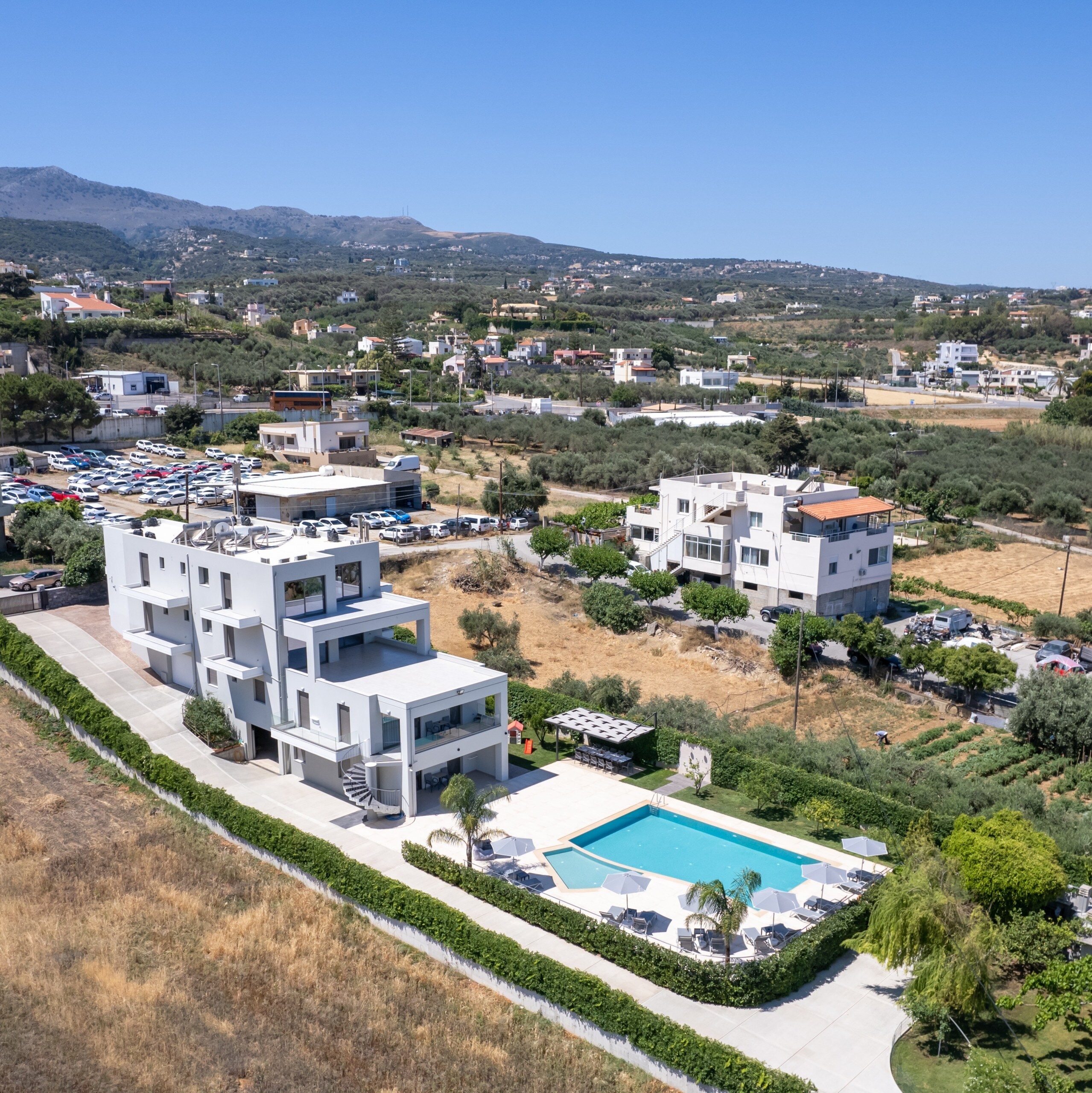 
Exterior view & private Swimming pool of Modern 3 apts Villa,Huge Swimming pool,Near all amenities,Rethymno,Crete,Greece 