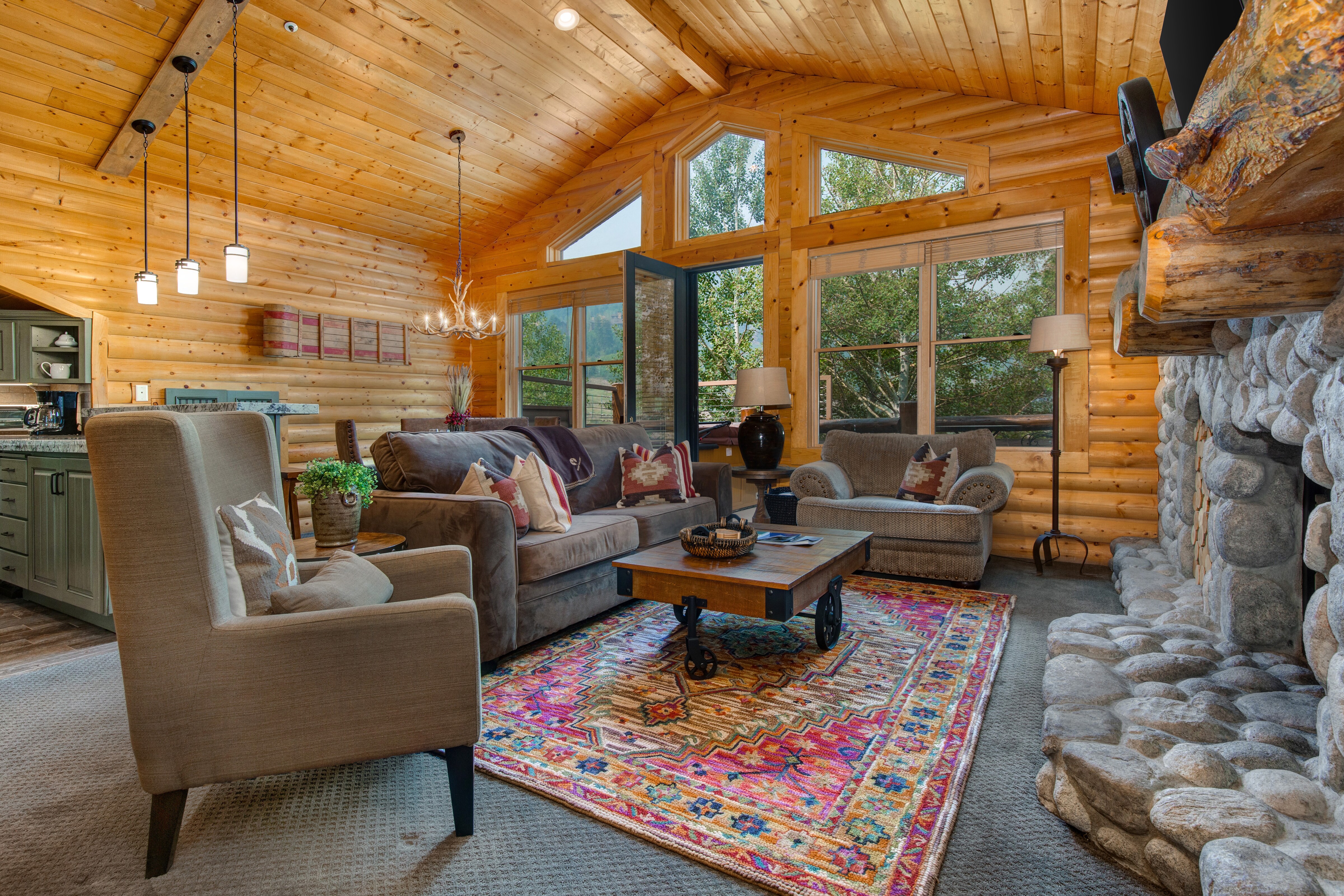 Living Room with Vaulted Wood Ceiling