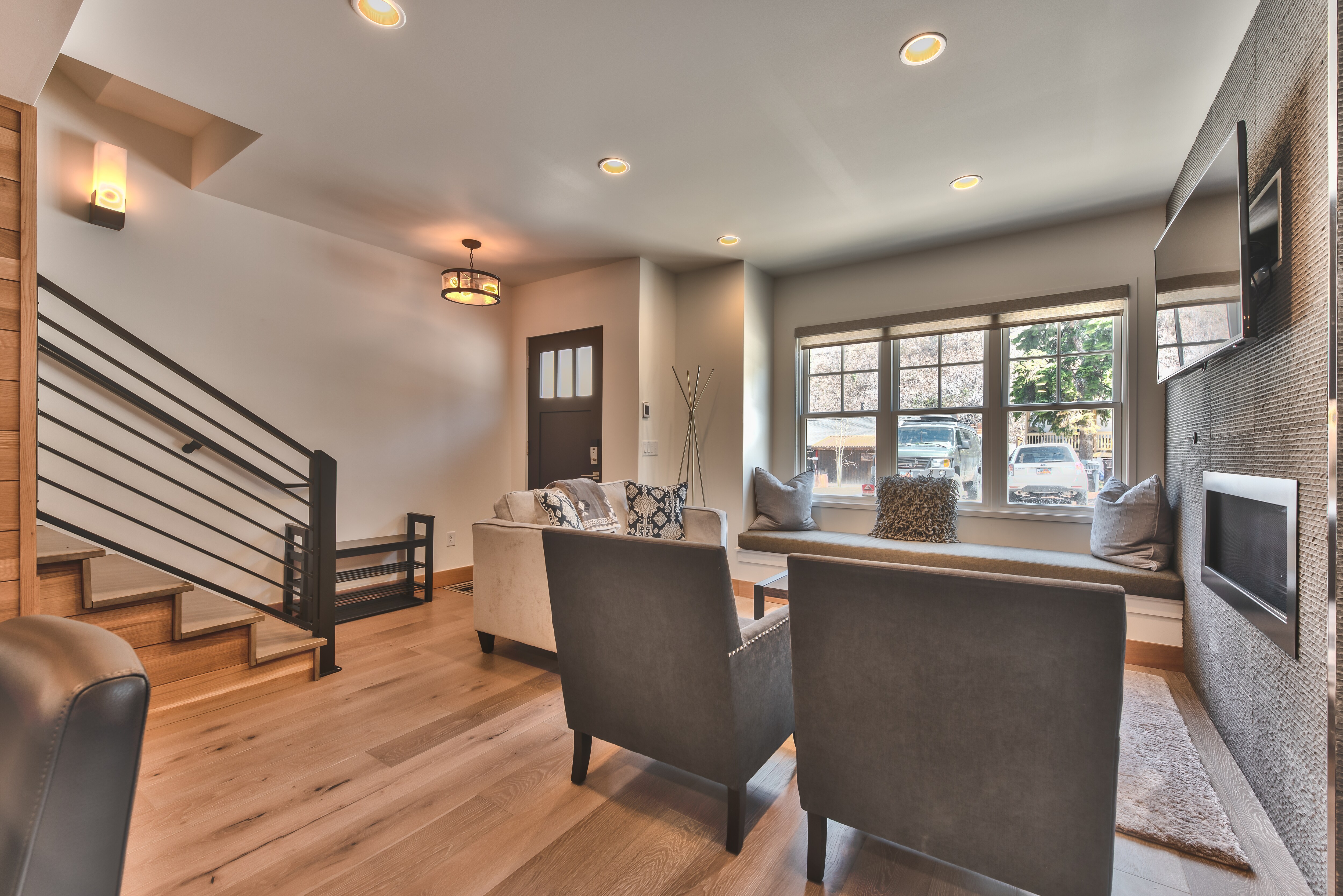 First Level Entry into Living Room and Gourmet Kitchen