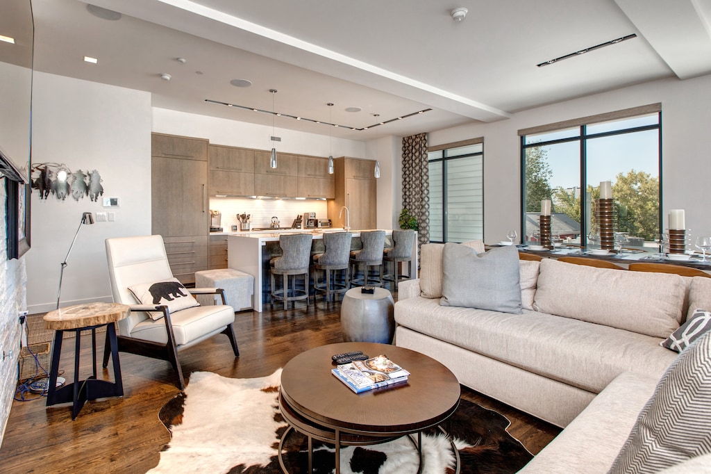 Great Room with Contemporary Design and Furnishings and Old Town Views