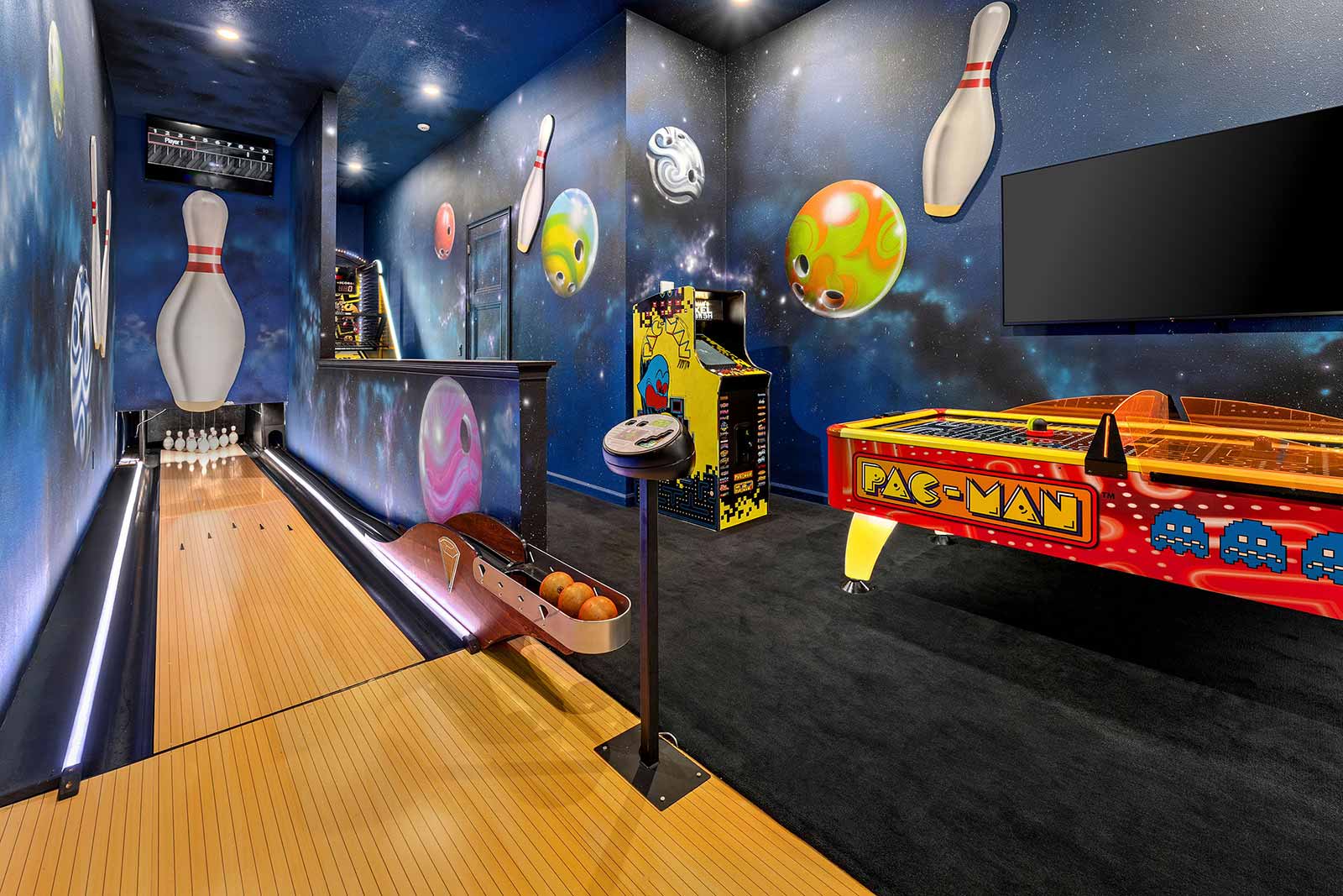 Arcade w/ Bowling Alley, Air Hockey Table and Basketball Game