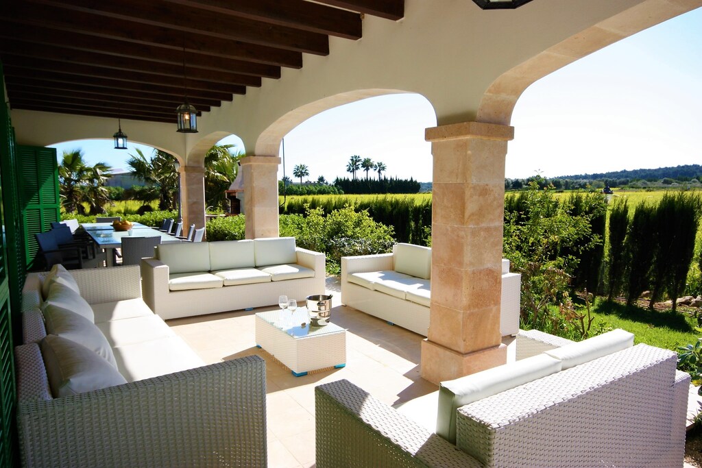 Terrace of the finca in Petra Mallorca with poolview