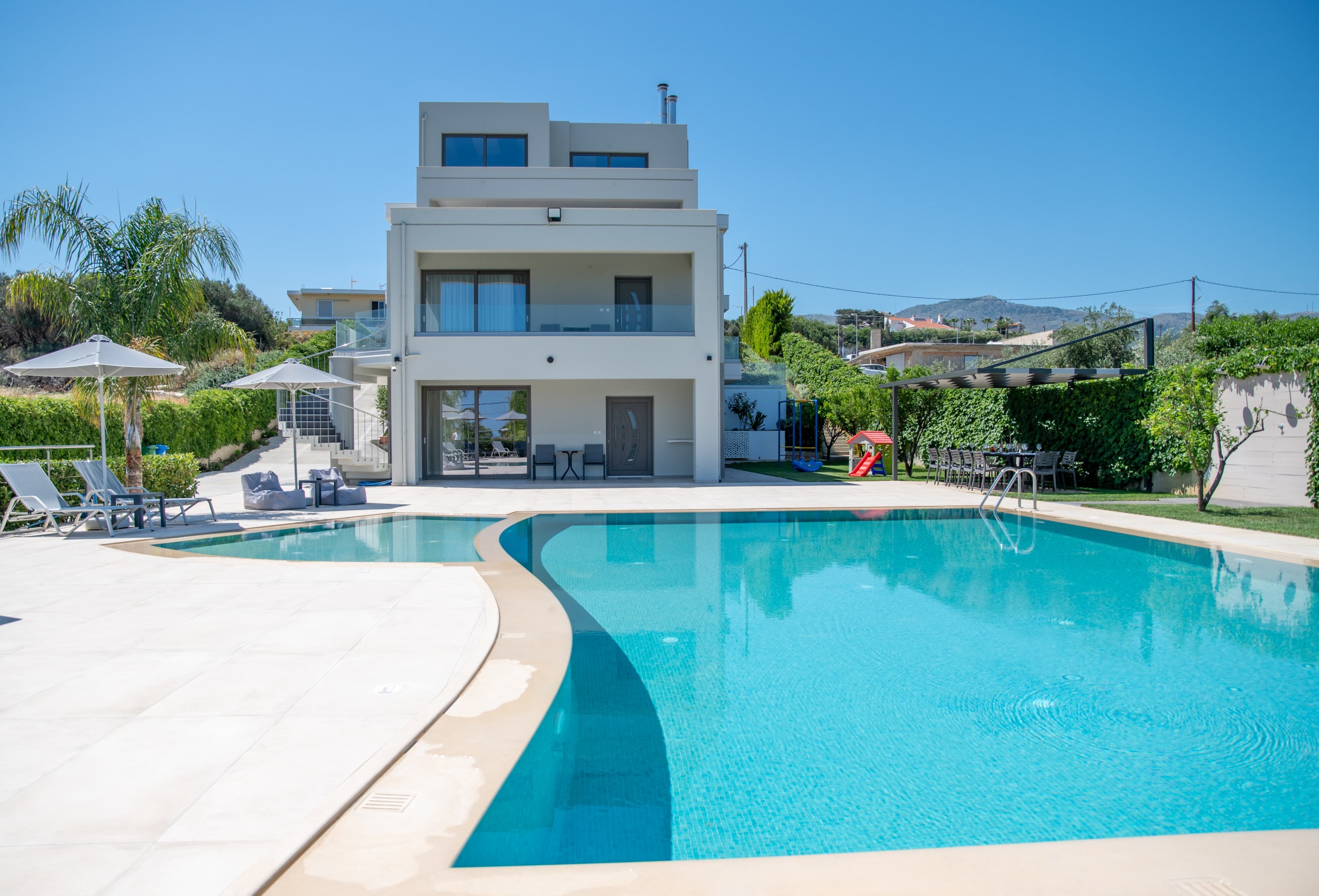 
Exterior view & private Swimming pool of Modern 3 apts Villa,Huge Swimming pool,Near all amenities,Rethymno,Crete,Greece