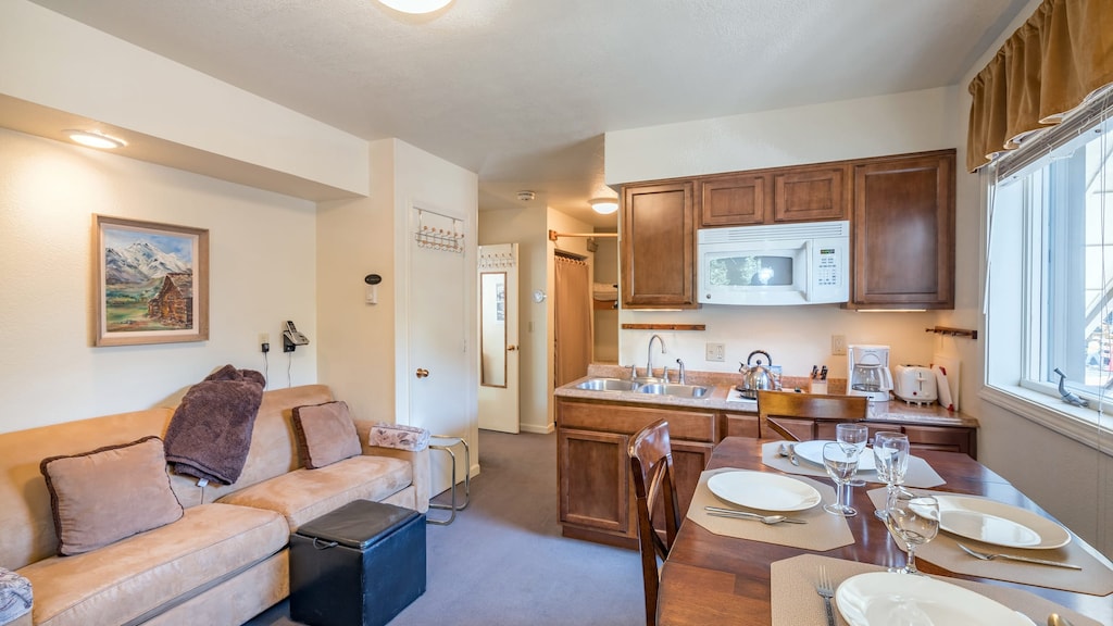 Living room features a queen sleeper sofa.