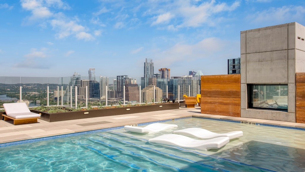 Communal rooftop pool with incredible views of Austin.