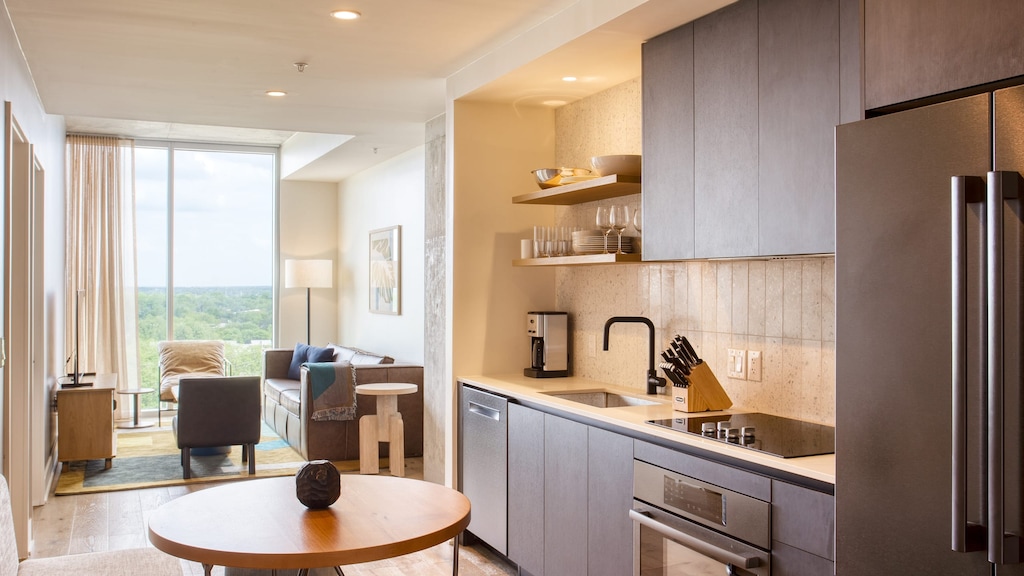 Living area flows into kitchen creating a calming atmosphere.