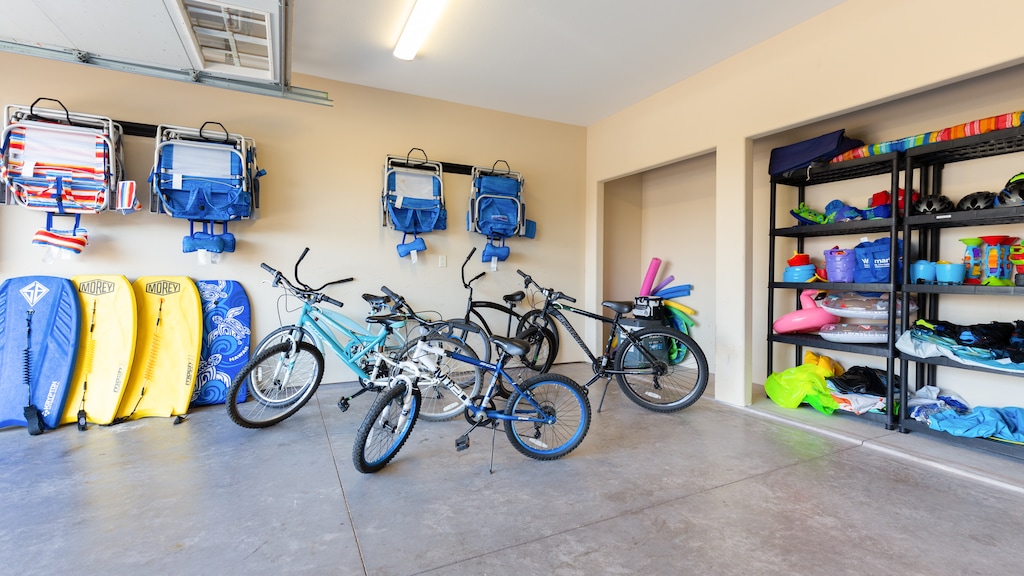 Garage full of beach gear and bikes