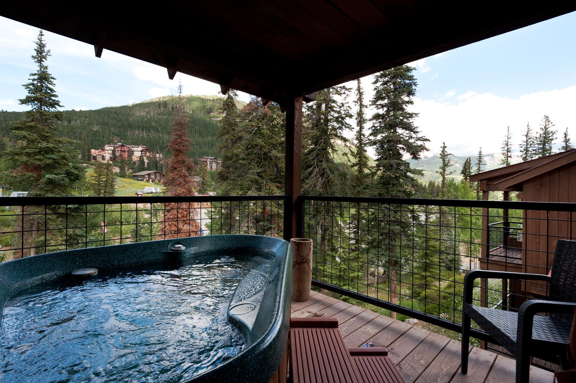 Private 2 person hot tub on the master bedroom deck with views of Purgatory Ski Resort