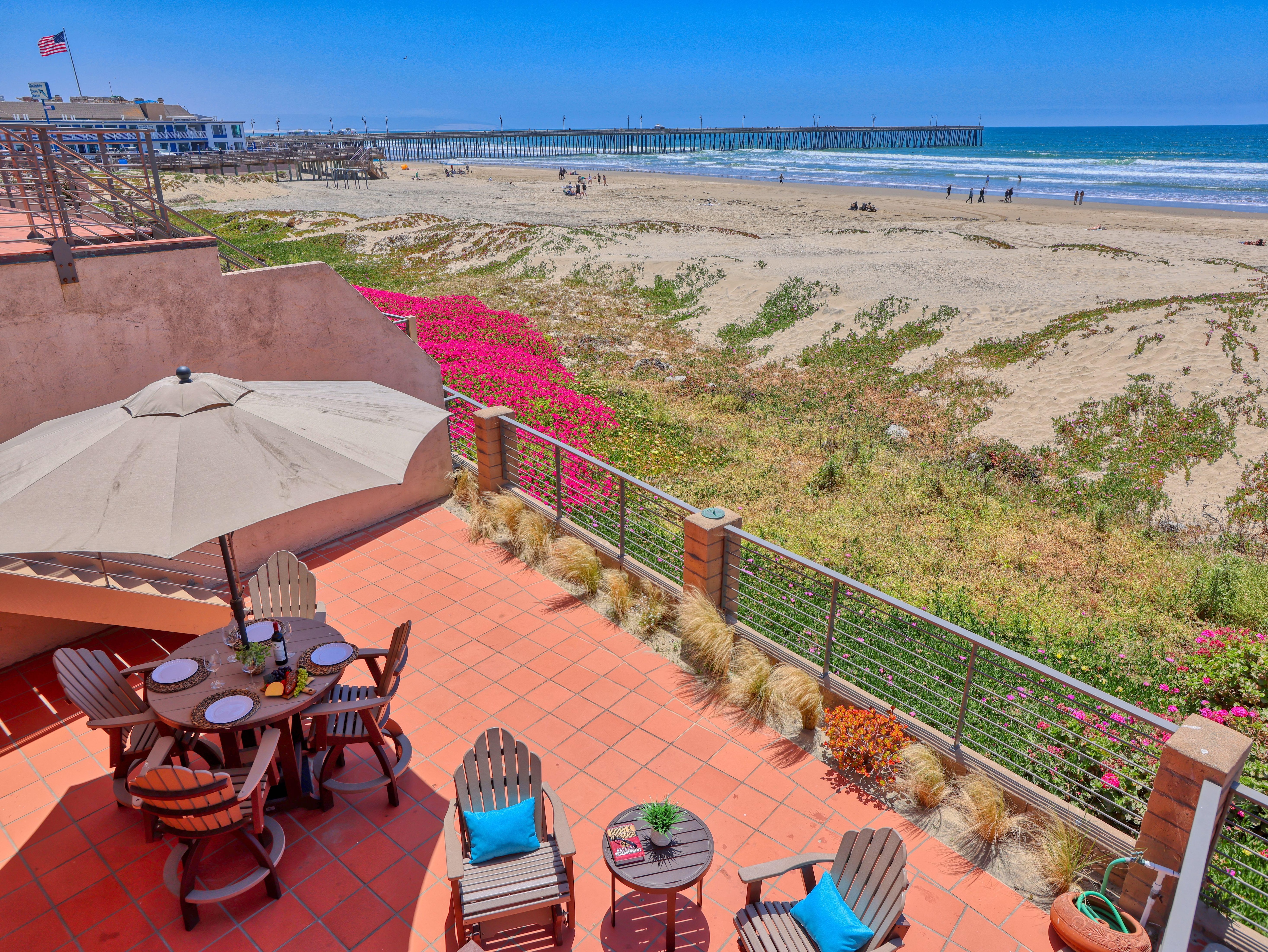 Your Oceanfront Oasis awaits. Step onto your private beachfront patio, perfect for gathering with family and friends around the fire table, whipping up delicious treats, and soaking in the Pismo Beach vibe.