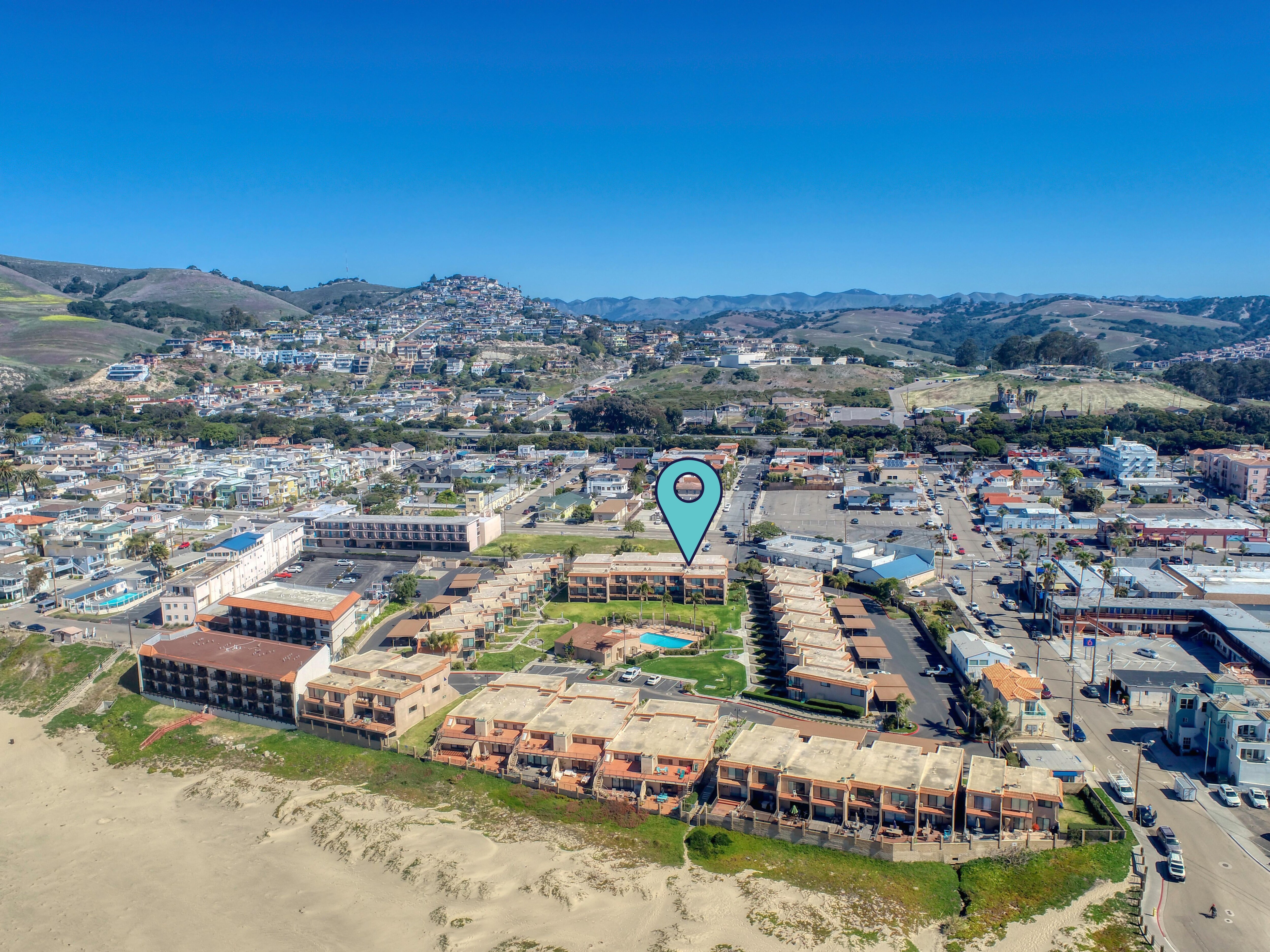 Sky view of the Pismo Shores luxury condominiums. Pin drop is your condo location.