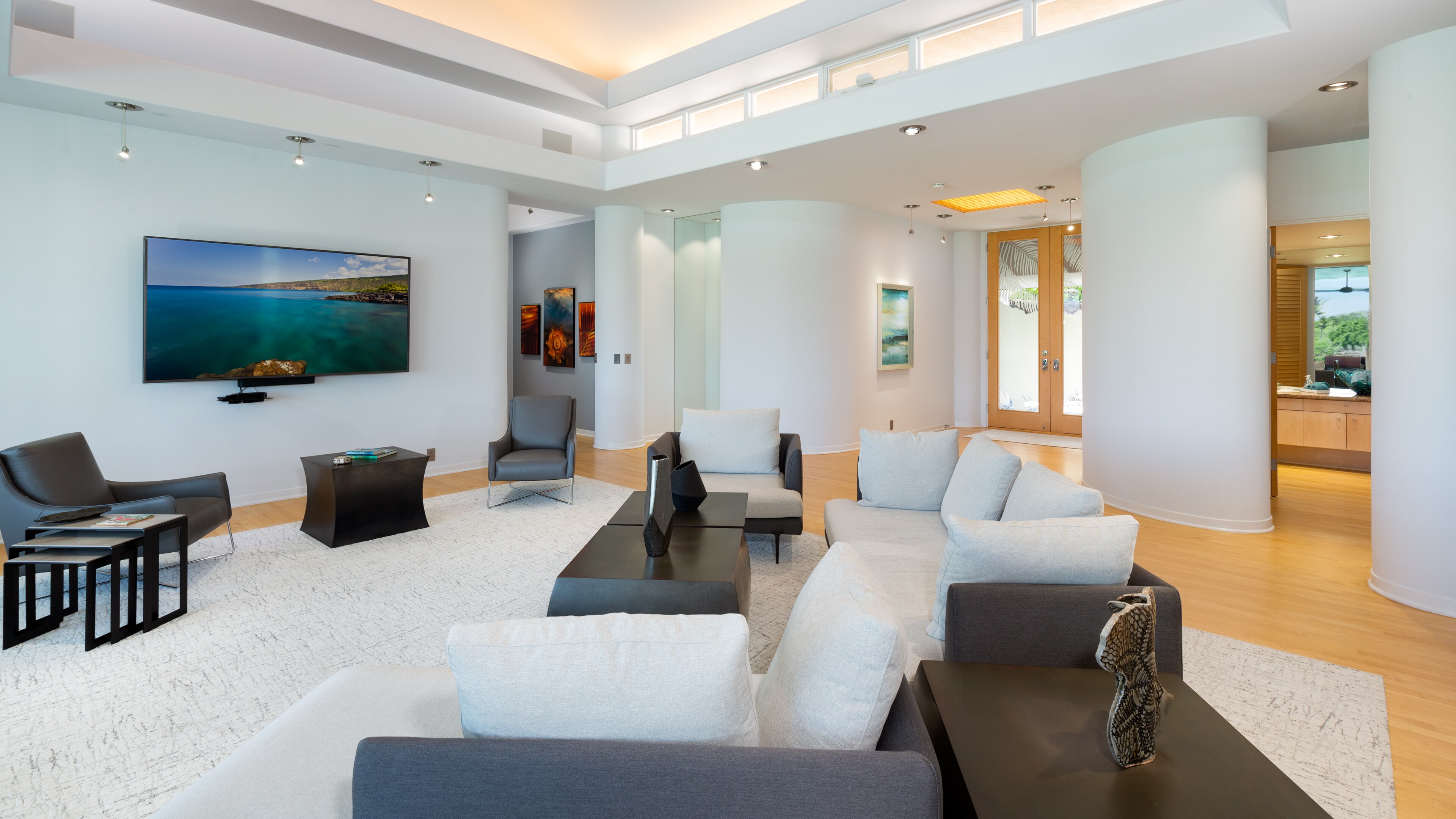 Modern living room with huge 86 inch smart TV