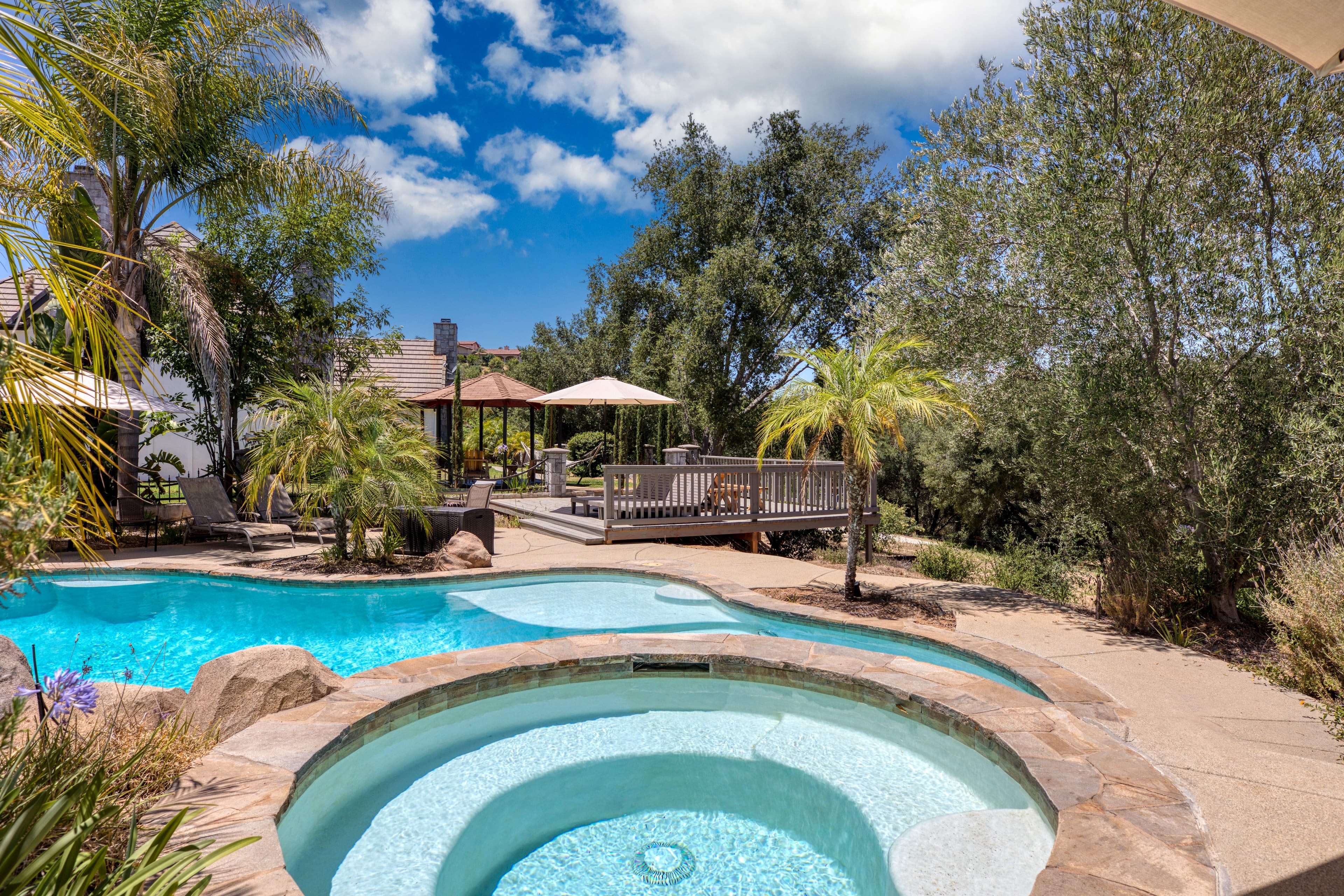 Huge, landscaped backyard with a pool, hot tub, and plenty of space to lounge in the shade.