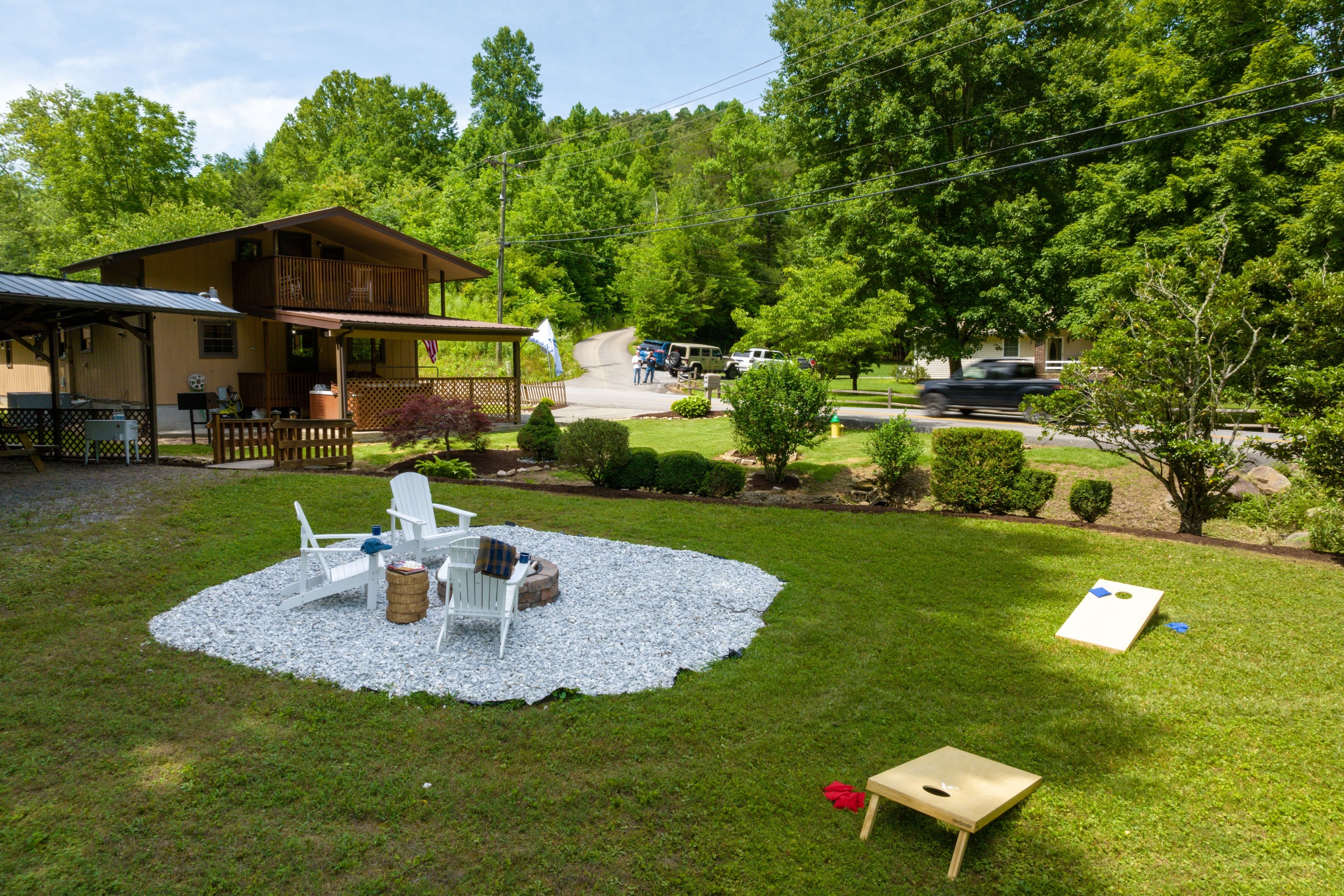 Play a game of Cornhole or relax by the fire pit.