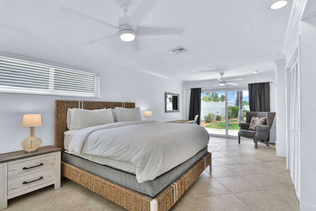 Bedroom 1 with King bed
En suite
Patio Doors 
Desk and Chair