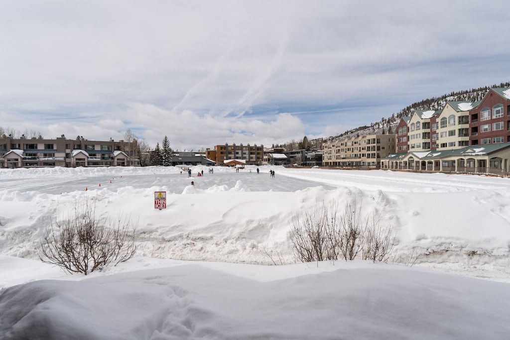 Ice rink and mountain views.