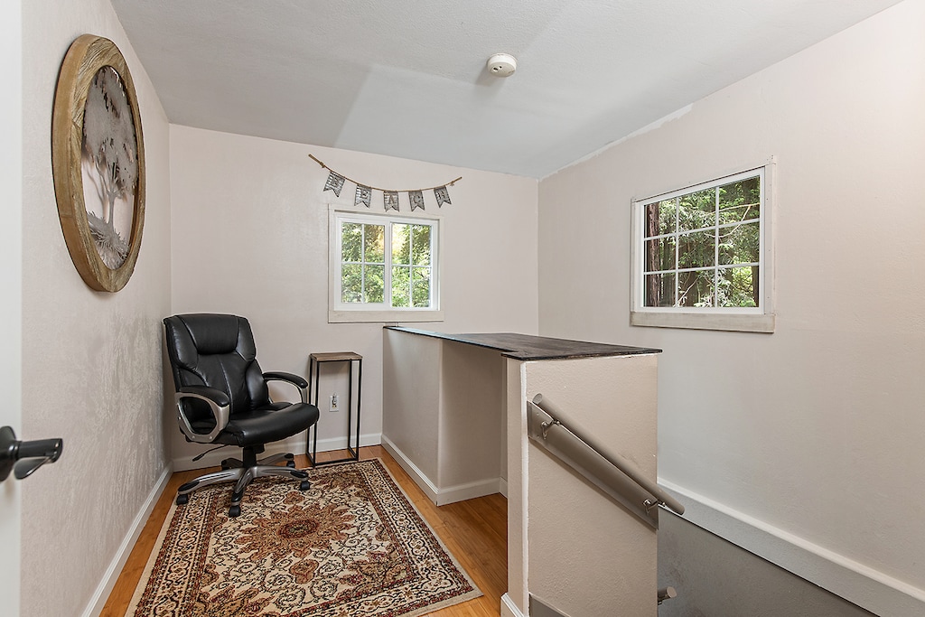 At the uppermost landing, there's a workspace - if you *have* to work.