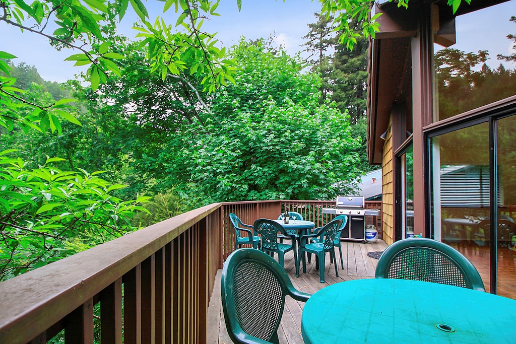 A broad deck - overlooking the backyard and down to the river.