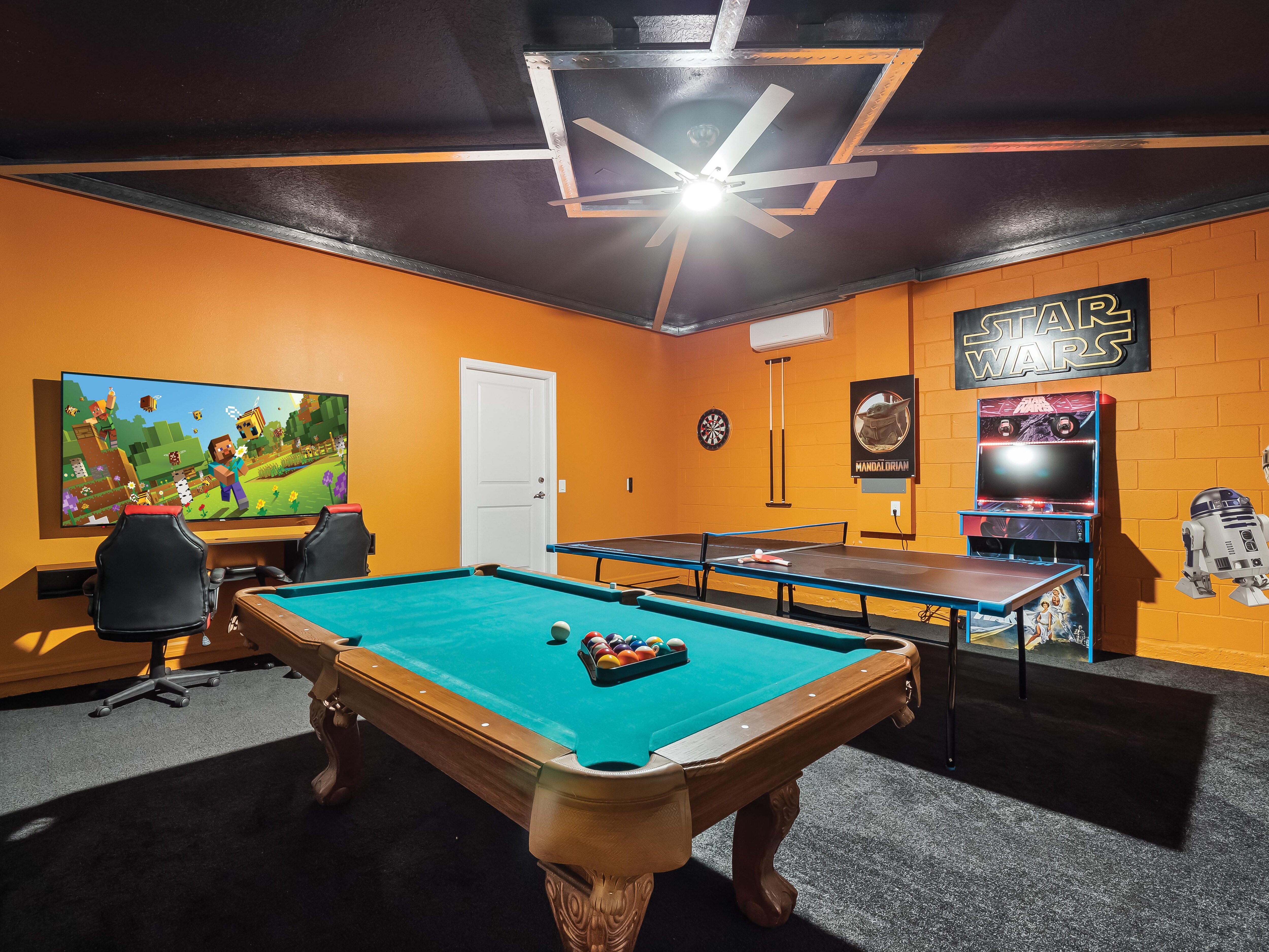 Incredible Game Room with Video Games, Table Tennis, Pool Table, and more!