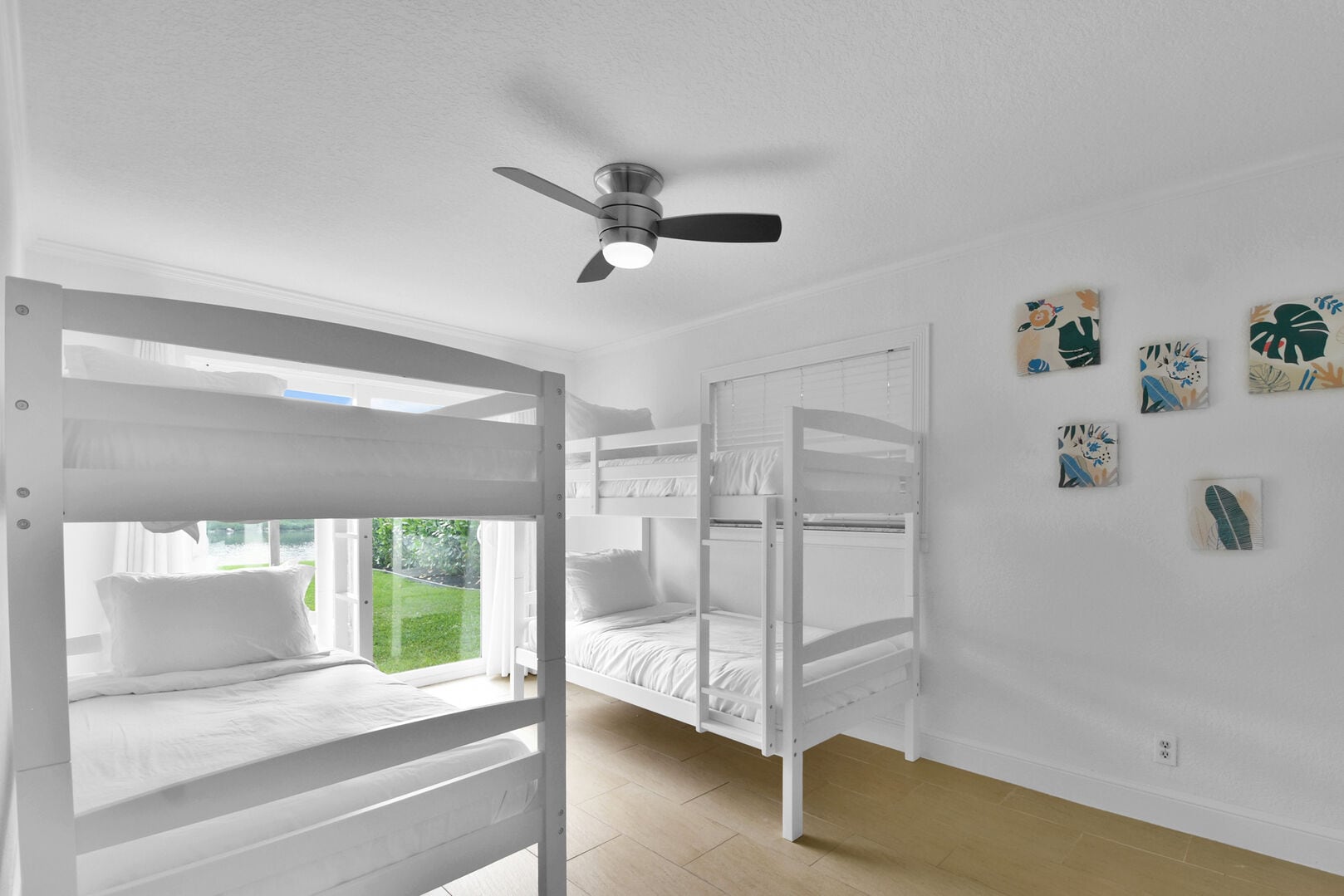 Bedroom 3 
2 bunk beds providing 4 twin beds
Ceiling Fan
Storage
Patio doors to pool area