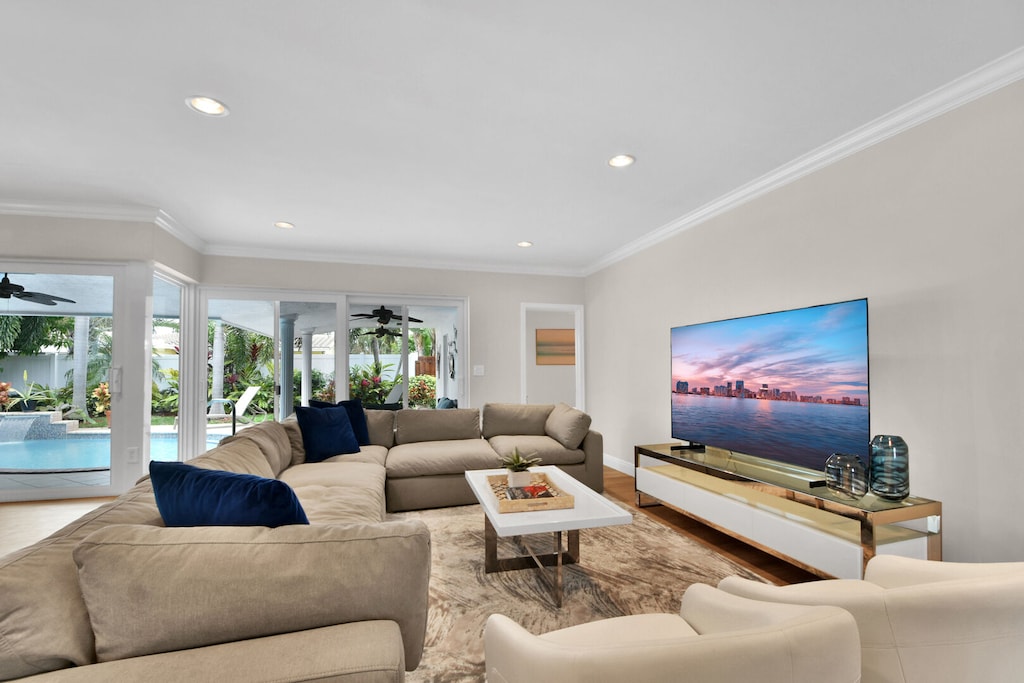 Open plan interior, large family sofa in lounge area