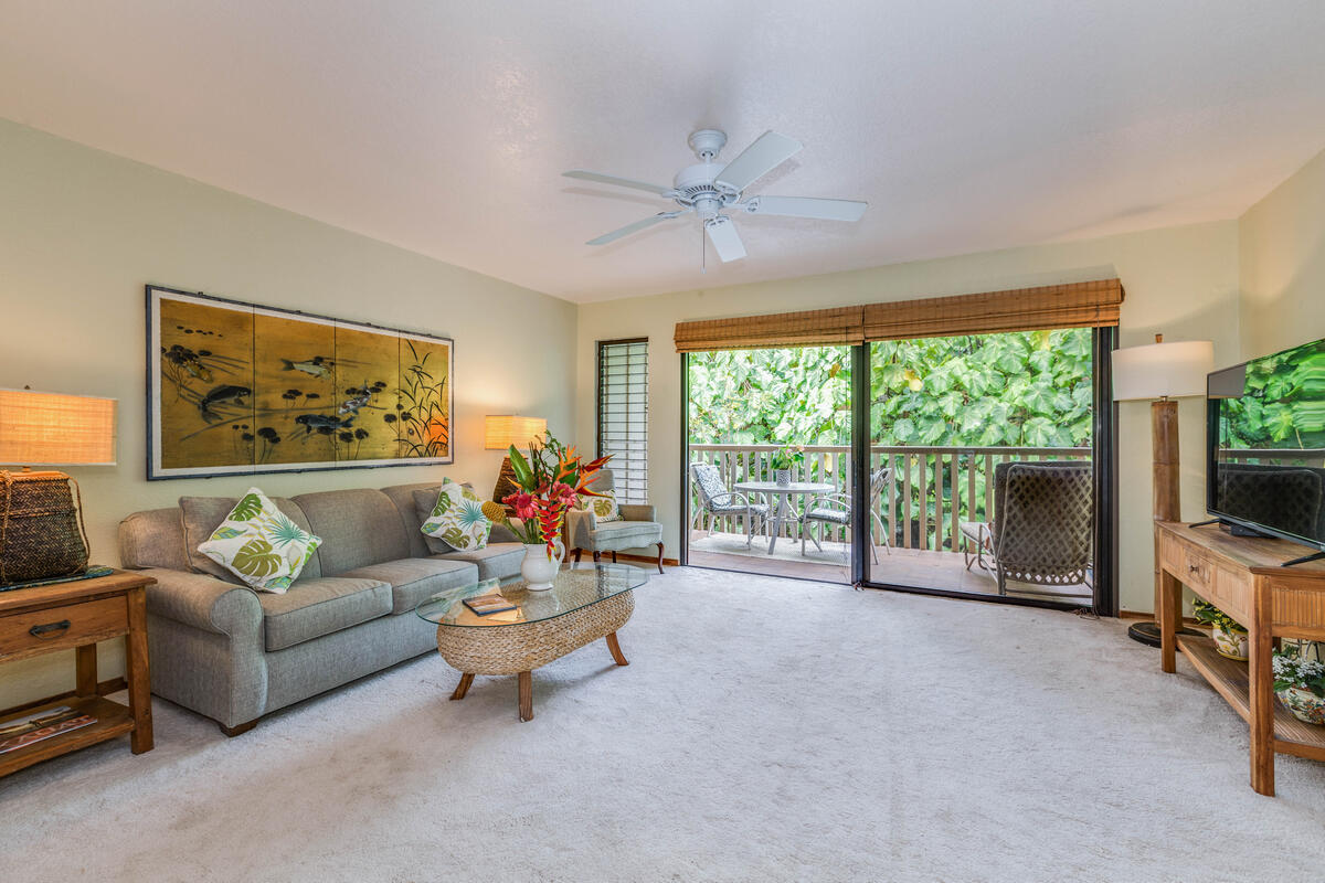 This roomy one bedroom, one bath condominium located on the south side of the garden isle boasts a lanai where lush, green foliage provides privacy, shielding you from the view of the rest of the complex