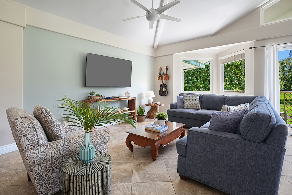 Sink into plush seating in the cozy living room, the ideal place to unwind after a day of island adventures.