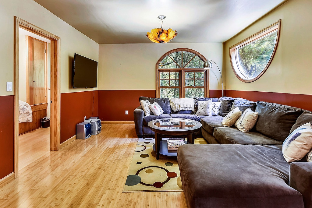 A large lower level living room with room to spread out!