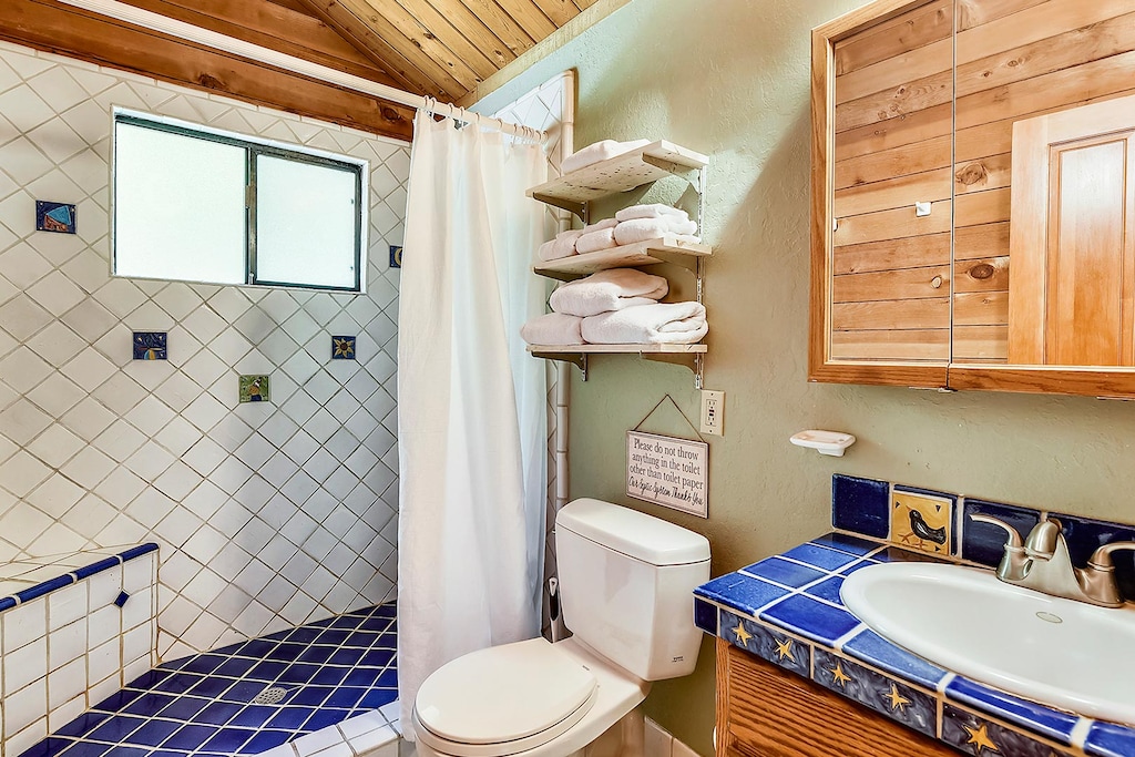 Off the hallway, the upstairs full bathroom has a shower.