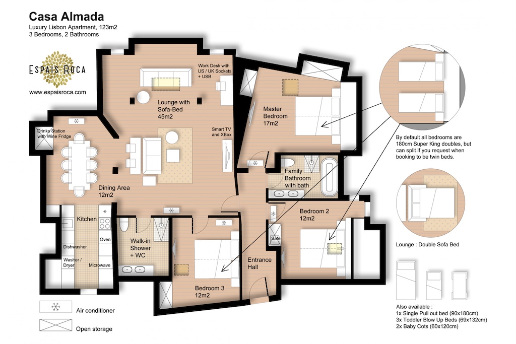 All bedrooms feature wide 180cm Super Kingsize beds, which can also be configured as two single beds when requested via our online check-in after you book.
