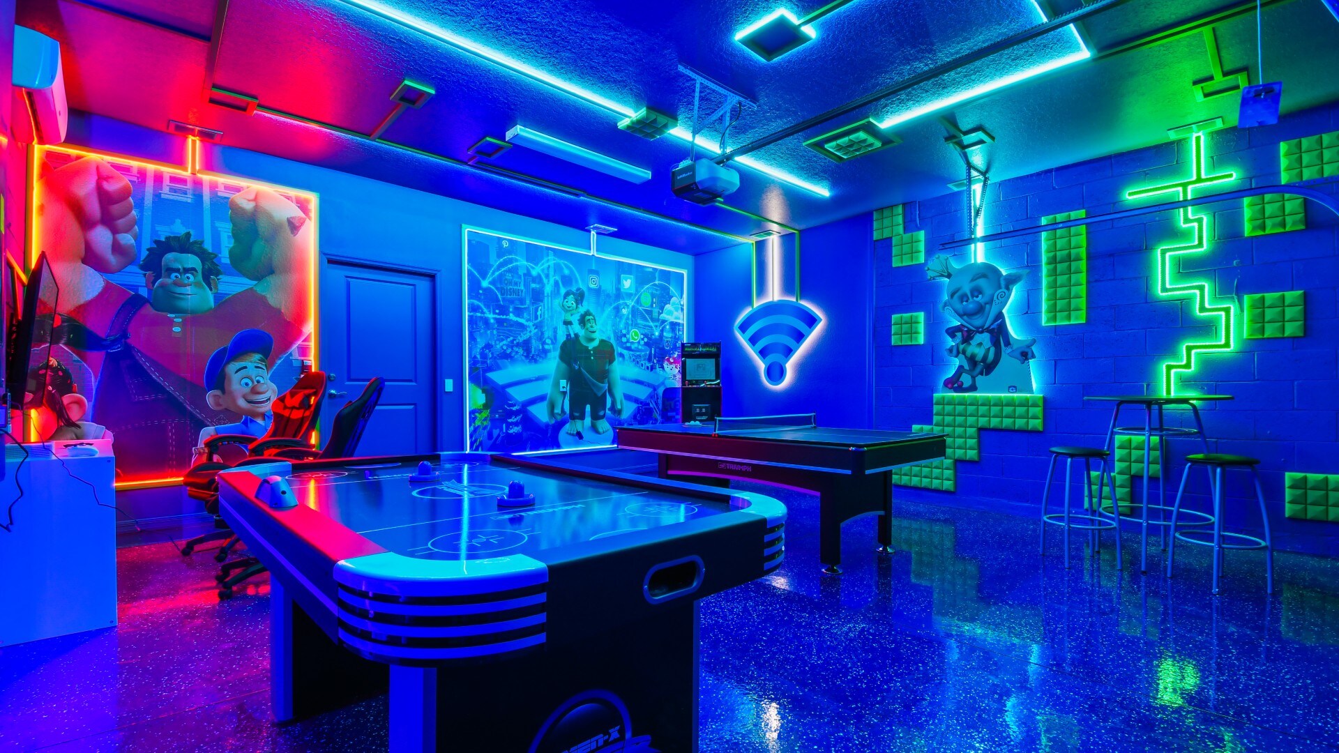 The game room is stylishly furnished with Wreck-It Ralph theme with stylish lights (Arcade machine free to play)