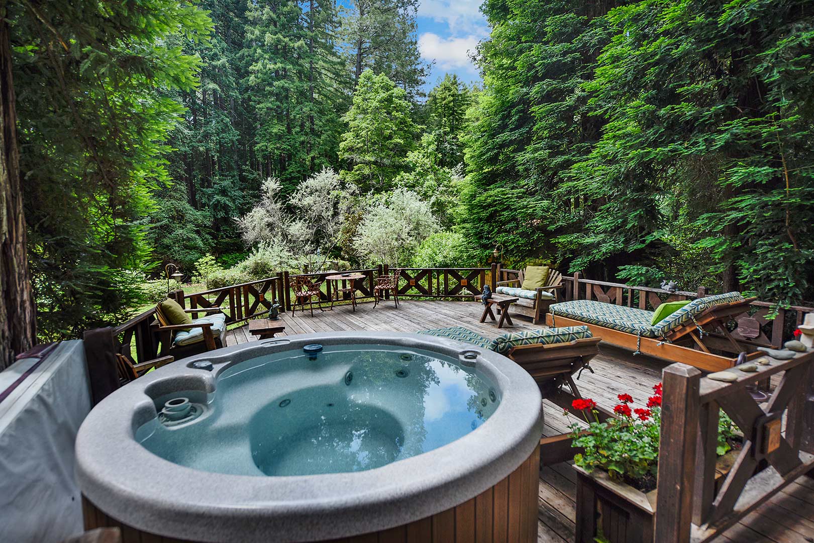 Soak under the redwoods in the professionally maintained tub.