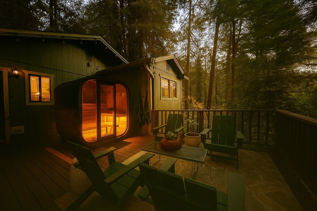Artist's Perch: The twilight glow and light from the sauna for a romantic escape.